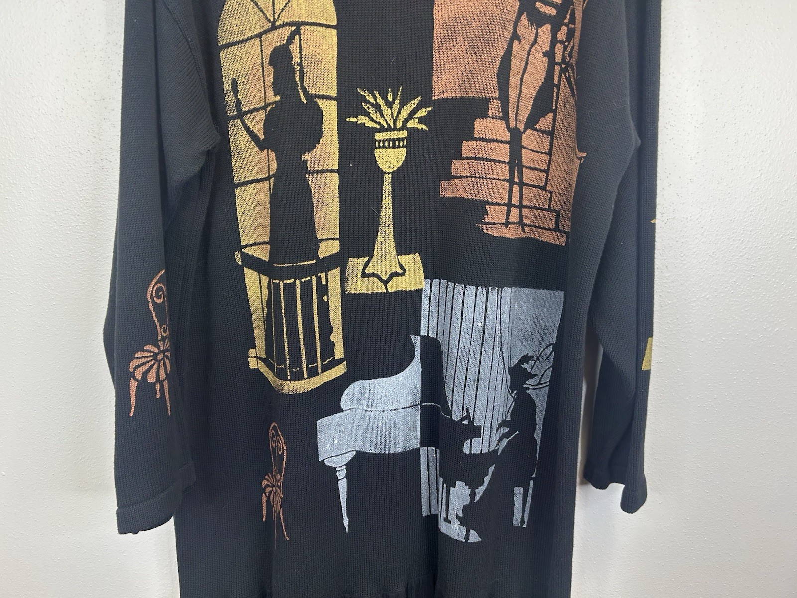 Vintage 90s Art to Wear Hand painted Dress Size M/L Lagenlook Boho Artsy City