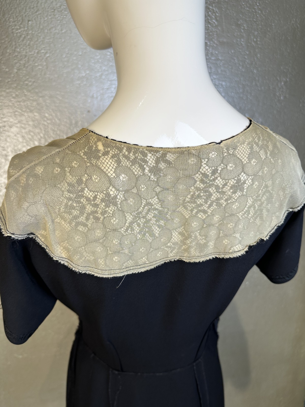Vintage 1940s Ladies Handmade Black Rayon Dress w/ Silk Lace Shoulder Yoke XS