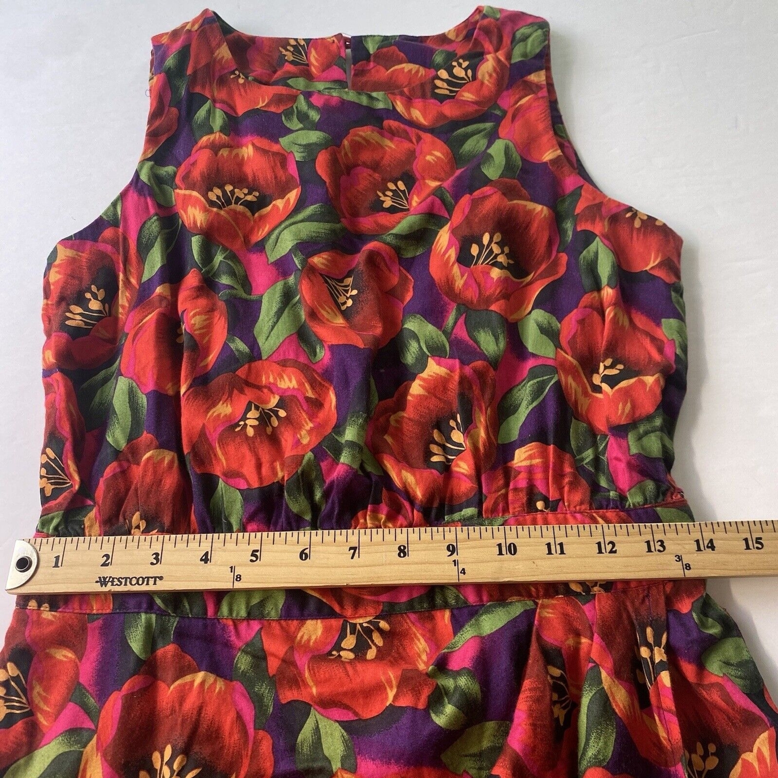 80’s Vintage Alain Toussaint Red Purple Floral Sleeveless Faux Wrap Dress,Resort