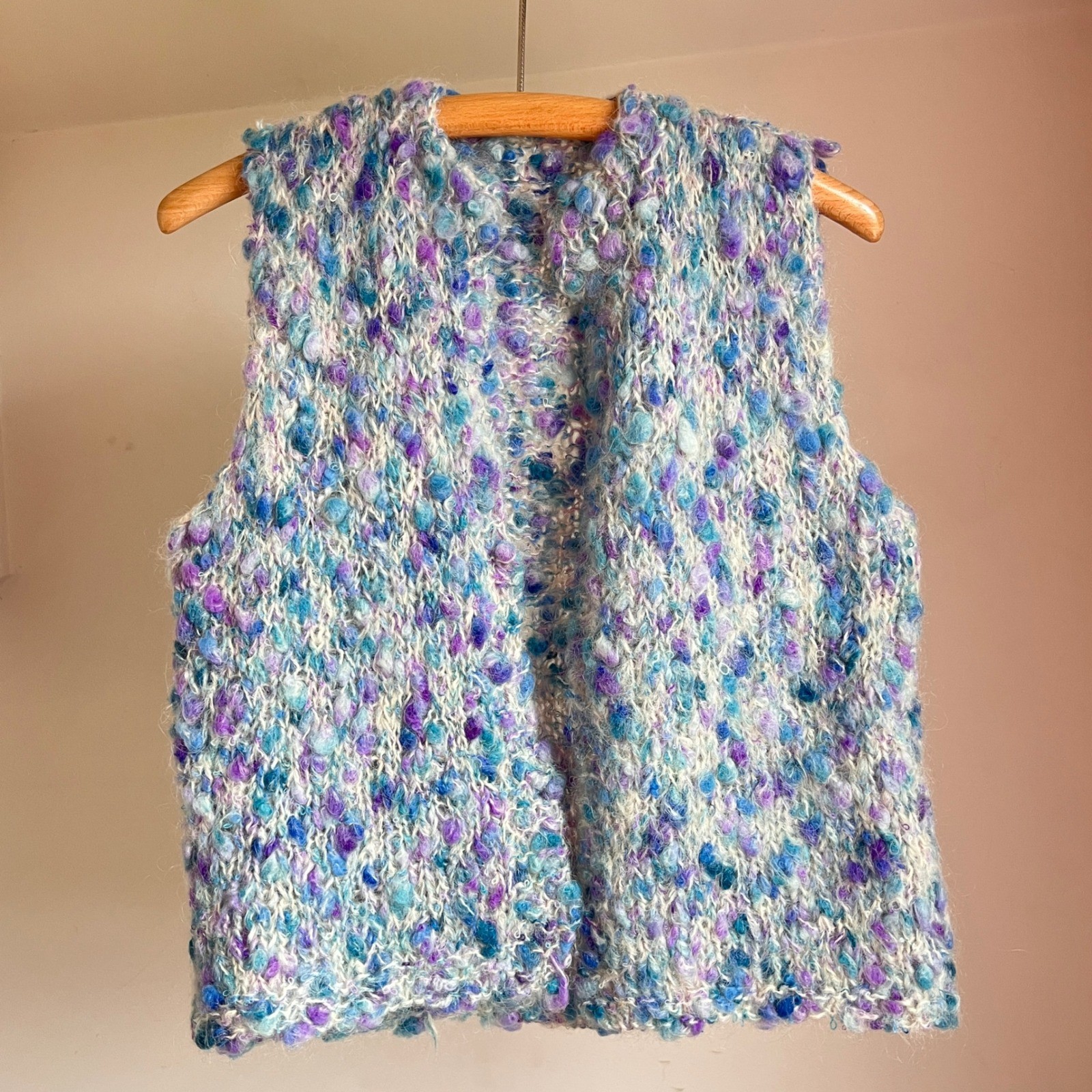 Vintage Mohair Knit Vest Blue Purple Chunky Popcorn Textured Open Front Sweater