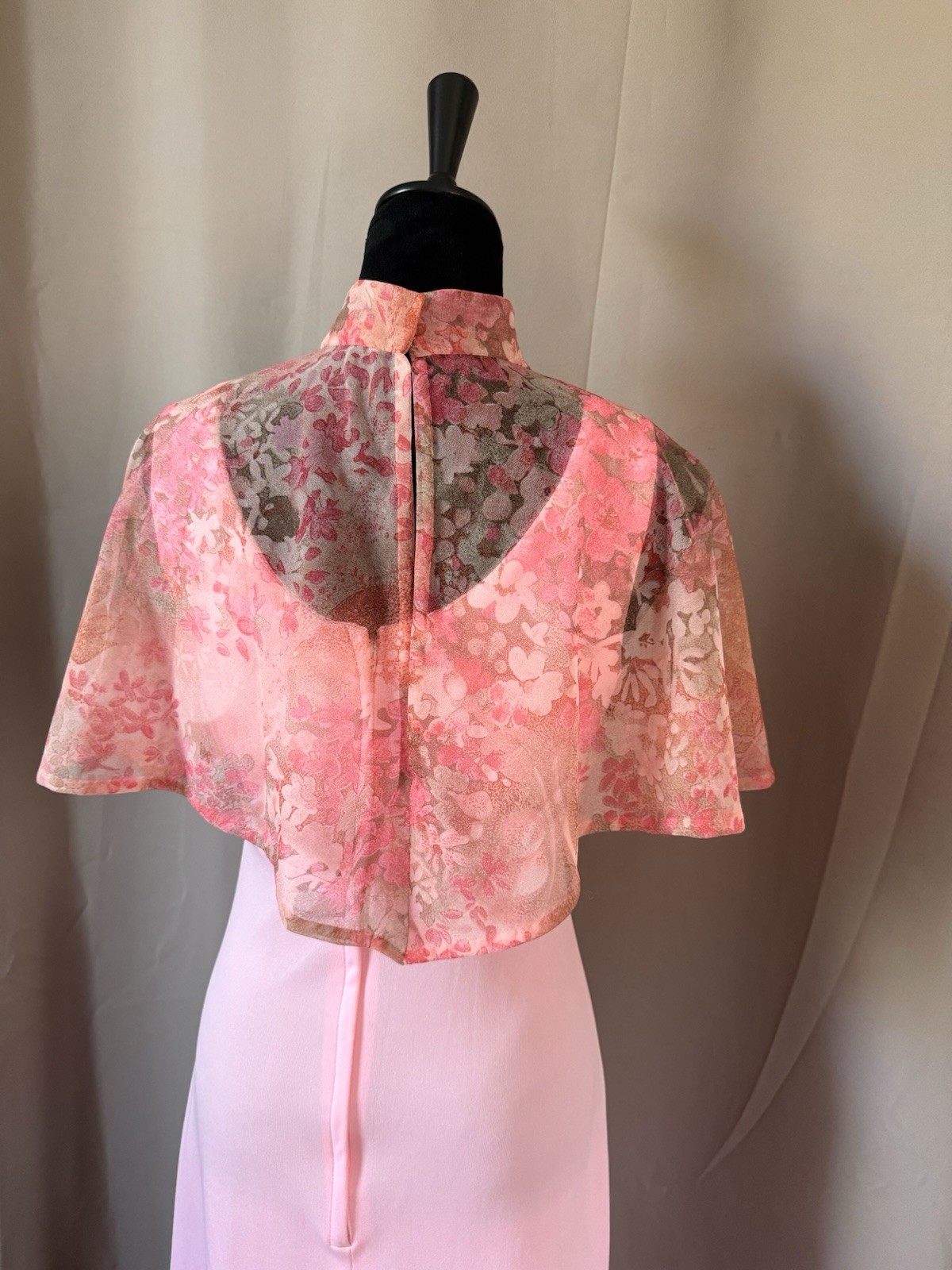 Pink Vintage 70s Maxi Dress Sheer Floral Capelet Womens Size M/L
