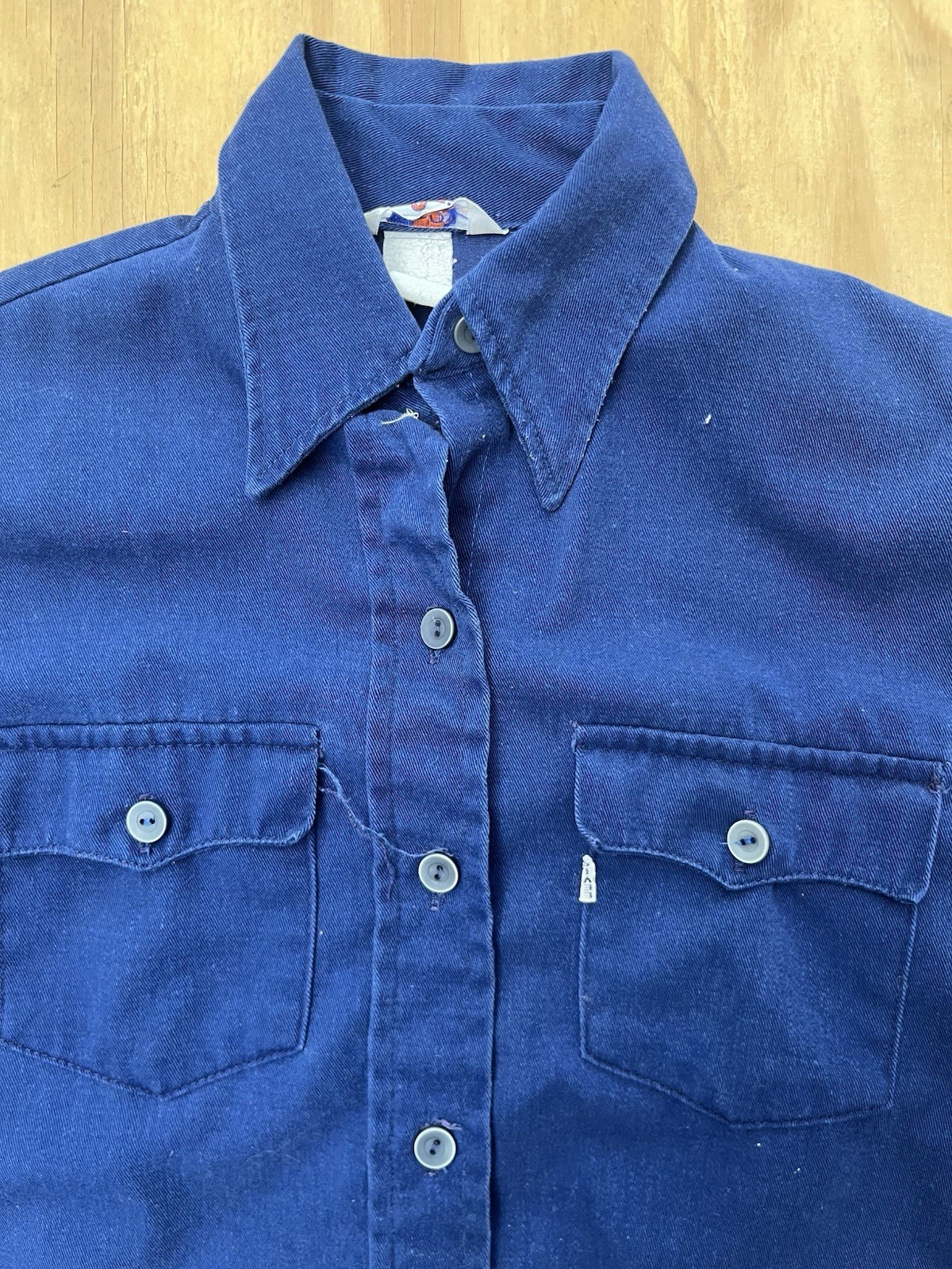 Vintage 70s Levis Big E Tab Work Shirt Blue Long Sleeve Pocket Women’s Small