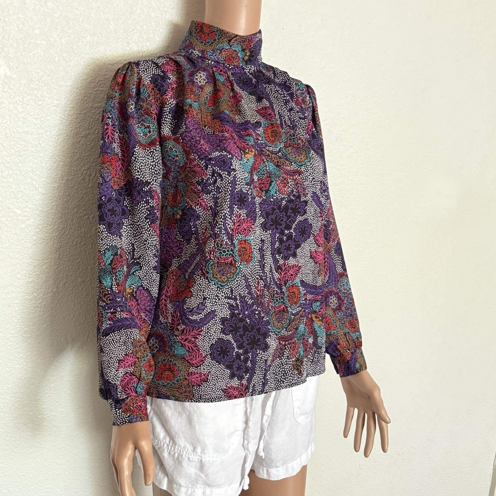 Vtg 1970s Jeri Marque Purple Floral Paisley Blouse sz 8 Maximalist Eccentric