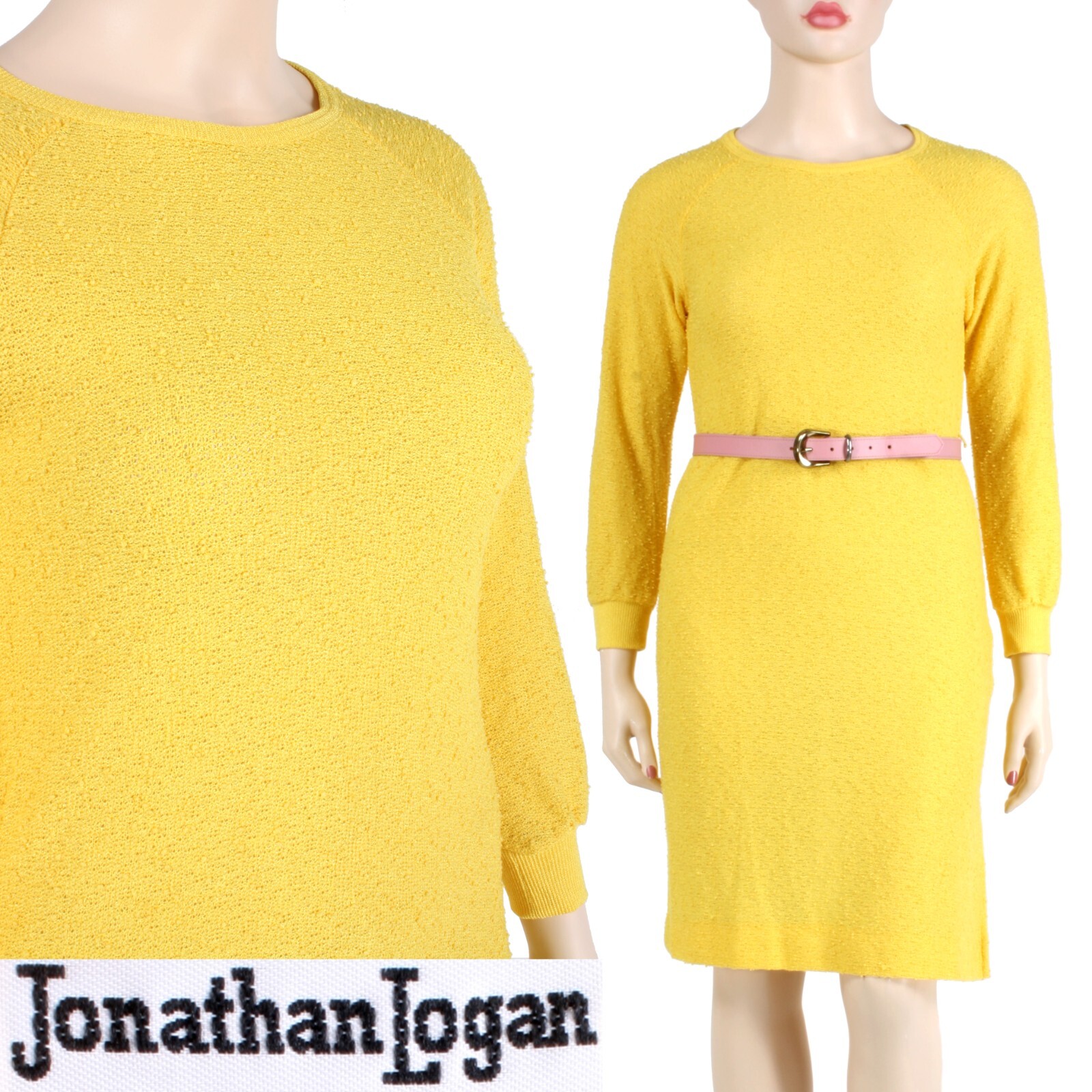 Vintage 70s Jonathan Logan Yellow Lightweight Long Sleeve Knit Dress 12 L