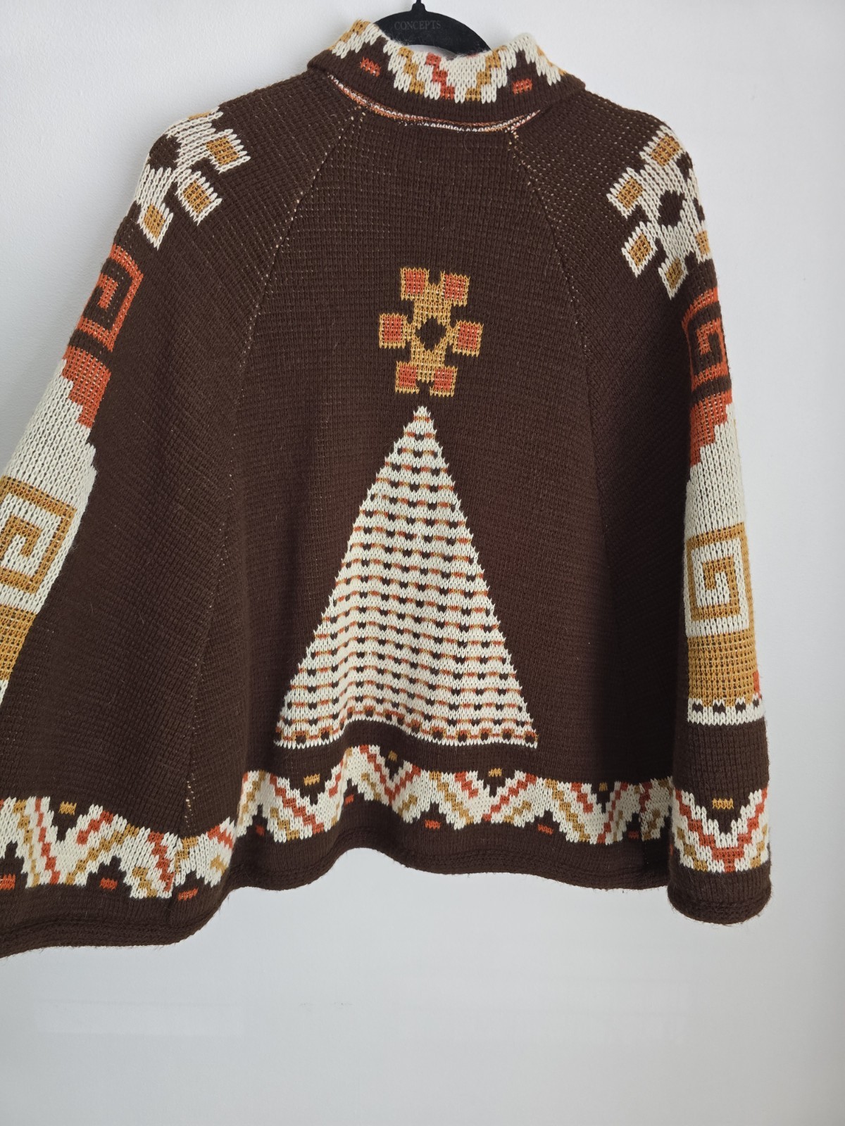 Montgomery Ward Vintage Knit Cape Brown Orange White Yellow Geometric Acrylic