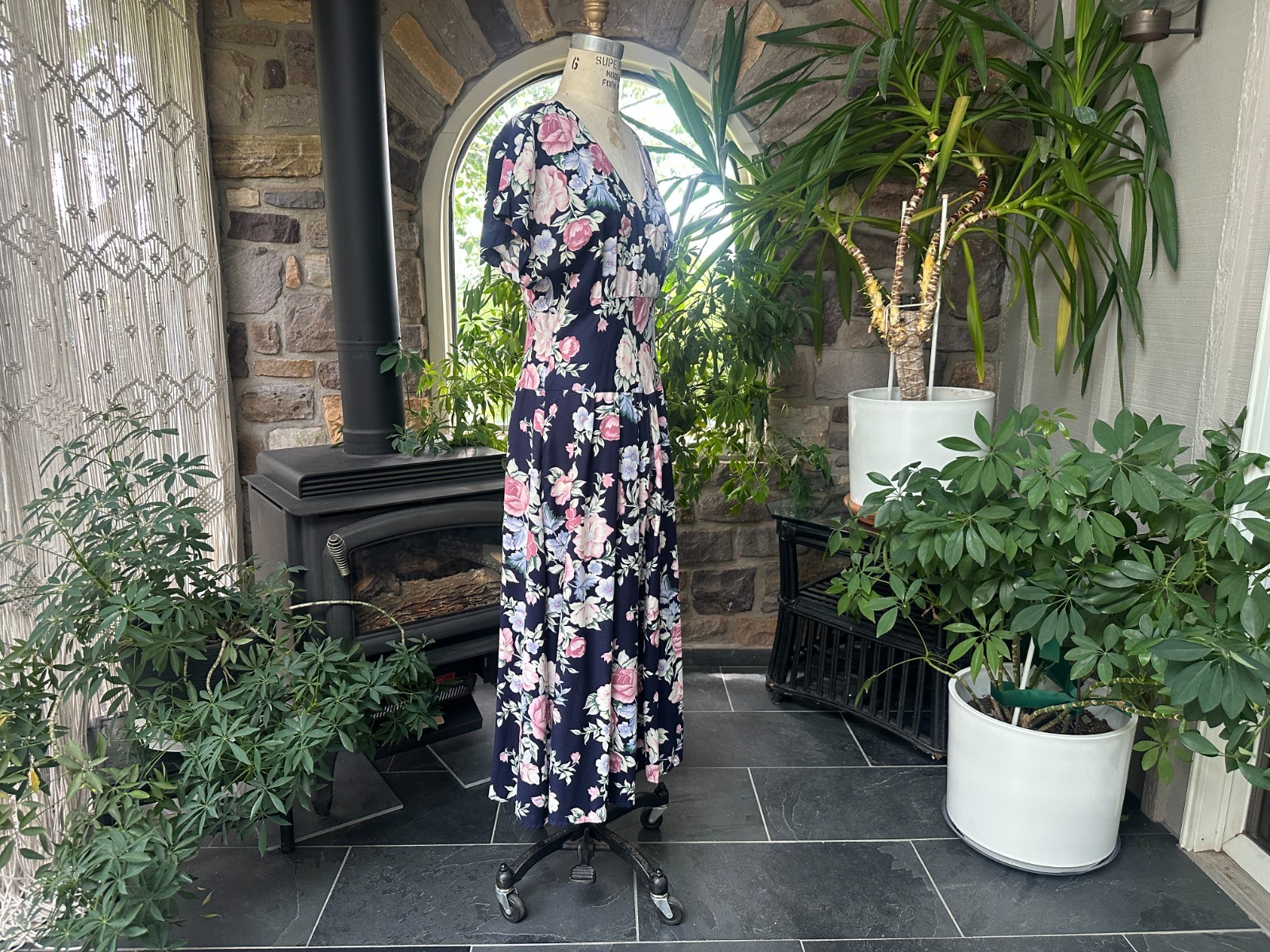 Vintage 1980s Does 1940s Navy Blue and Pink Floral Rayon Drop Waist Dress