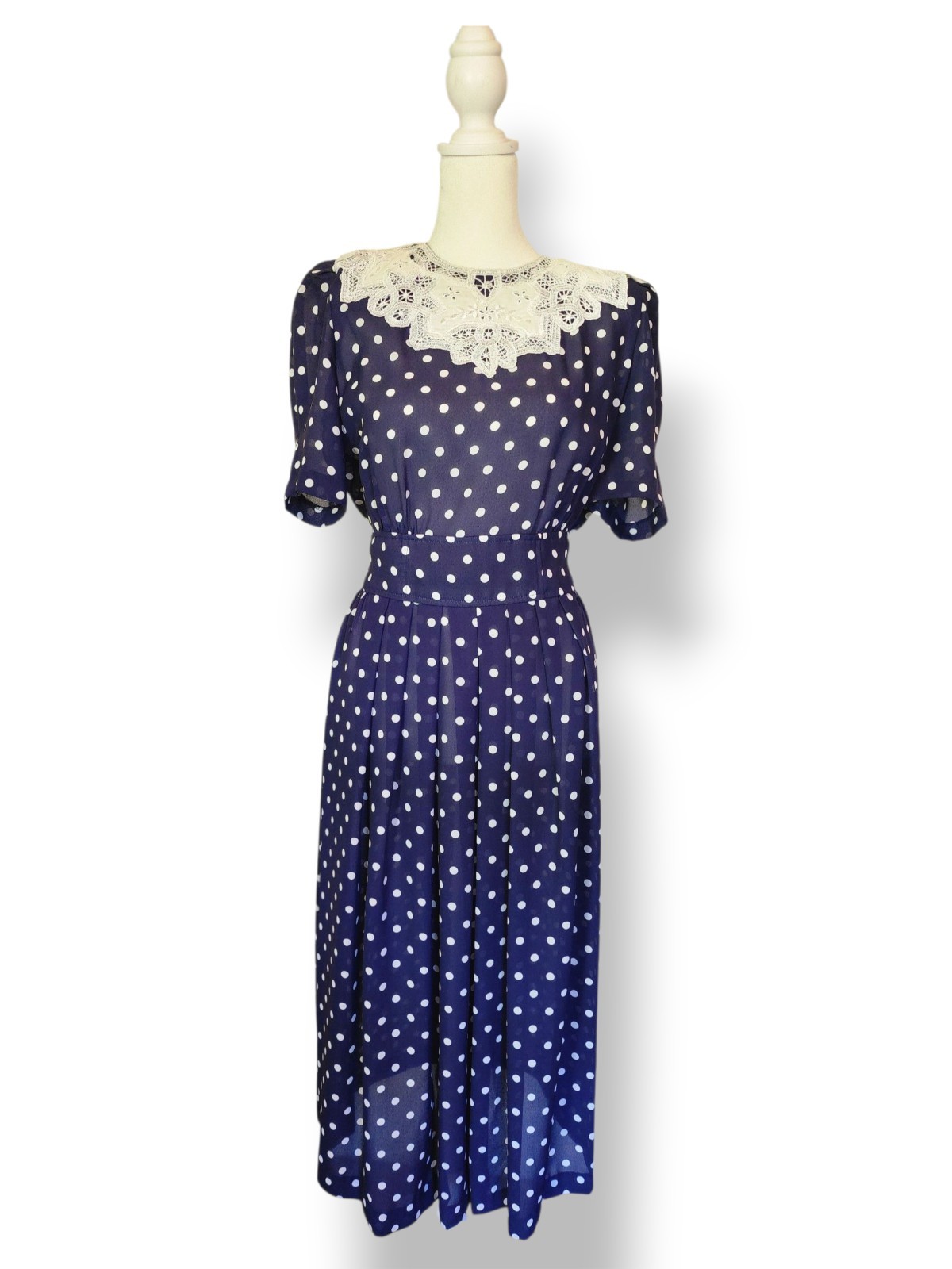 90s VTG KARIN STEVENS Cottagecore Modest Petites Polka Dot Pleated Midi Sz P8