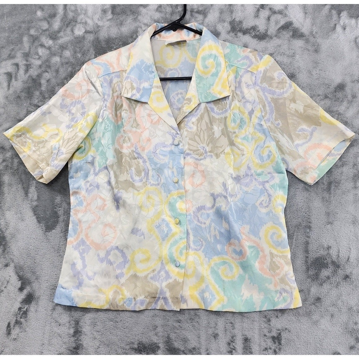 Vintage Alexa Top Womens L Pastel Silky Jacquard Button Front Short Sleeves