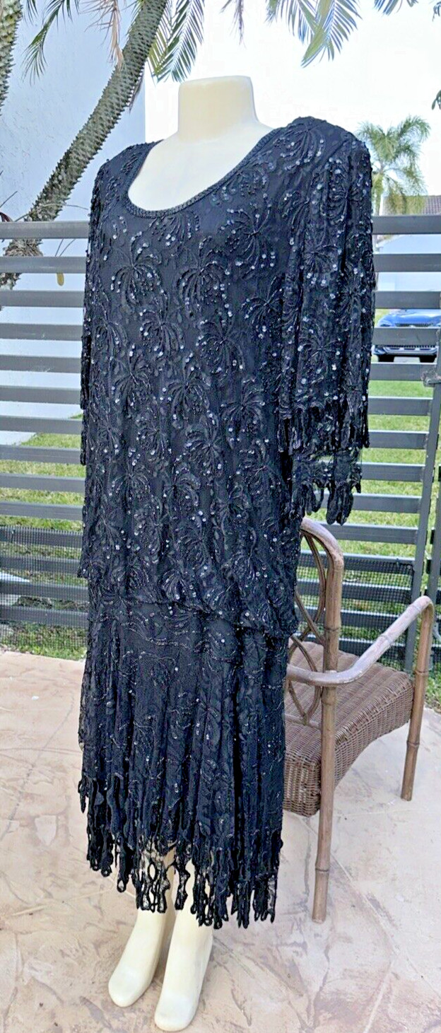 VTG JUDITH ANN CREATIONS BLACK SILK HEAVELY BEADED ASYMMETRIC HEM DRESS Sz XL