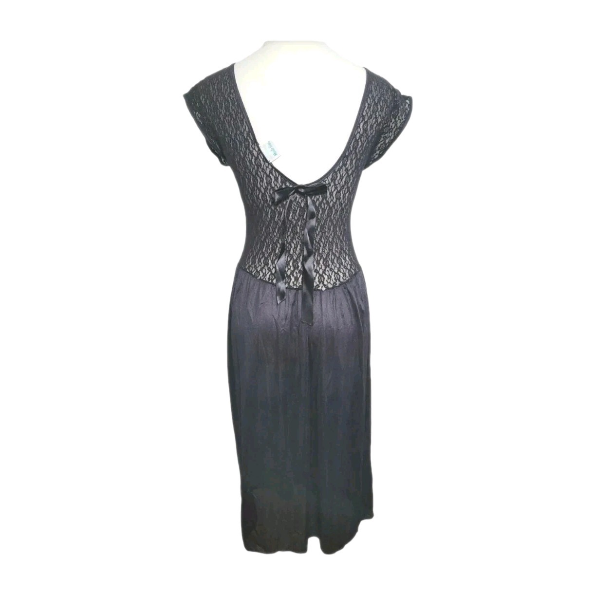 MOVIE STAR Nylon Lace Bow Black Nightgown Deep V back Sz Large VTG