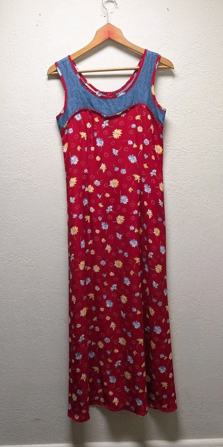 Women’s Vintage 90s Mixed Media Maxi Dress Red Floral Denim Sz 8 Grunge Western