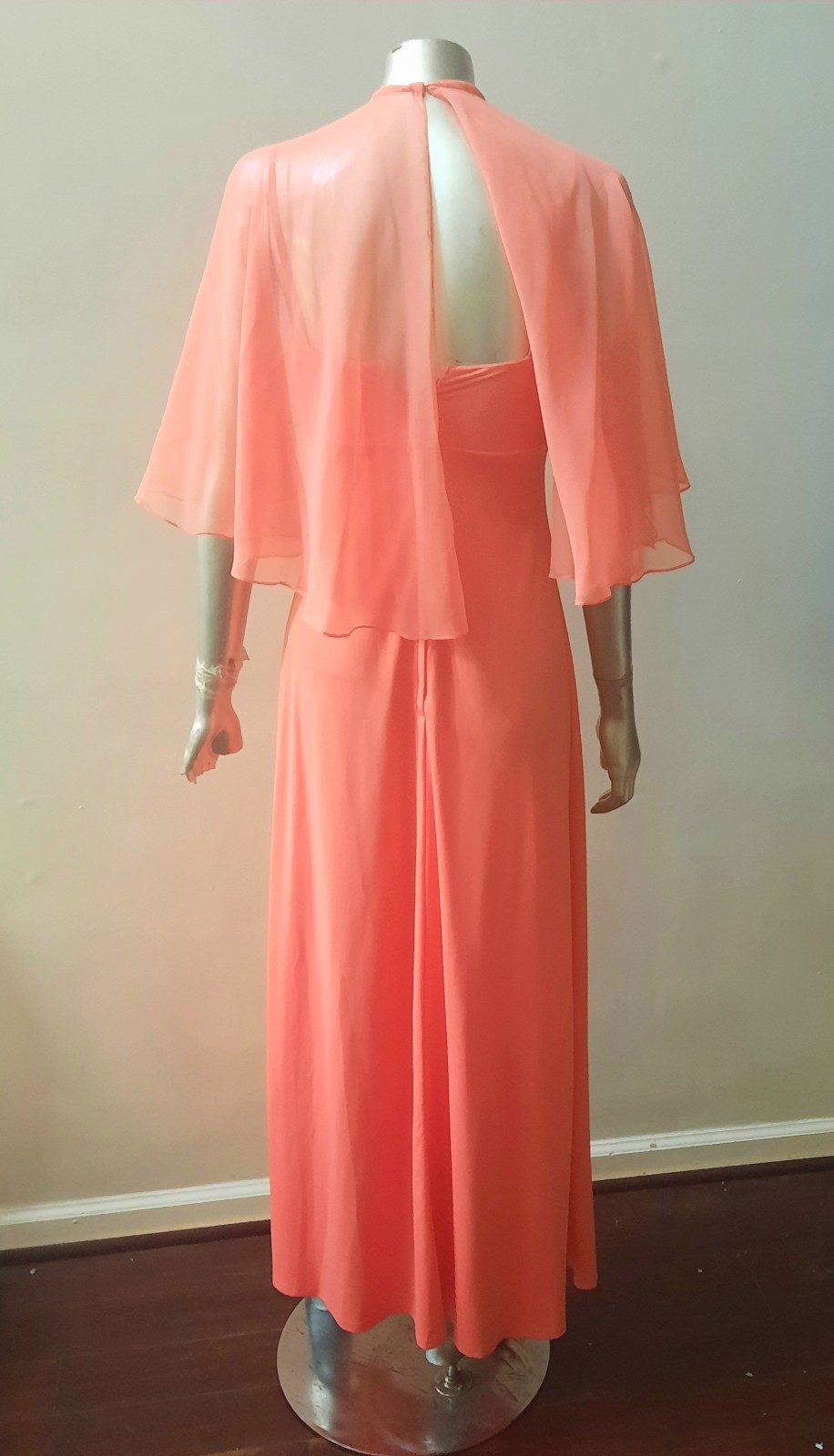 LORRI DEB 70S PEACH MAXI DRESS CHIFFON ATTACHED CAPELET SHAWL VTG PARTY sz S/M