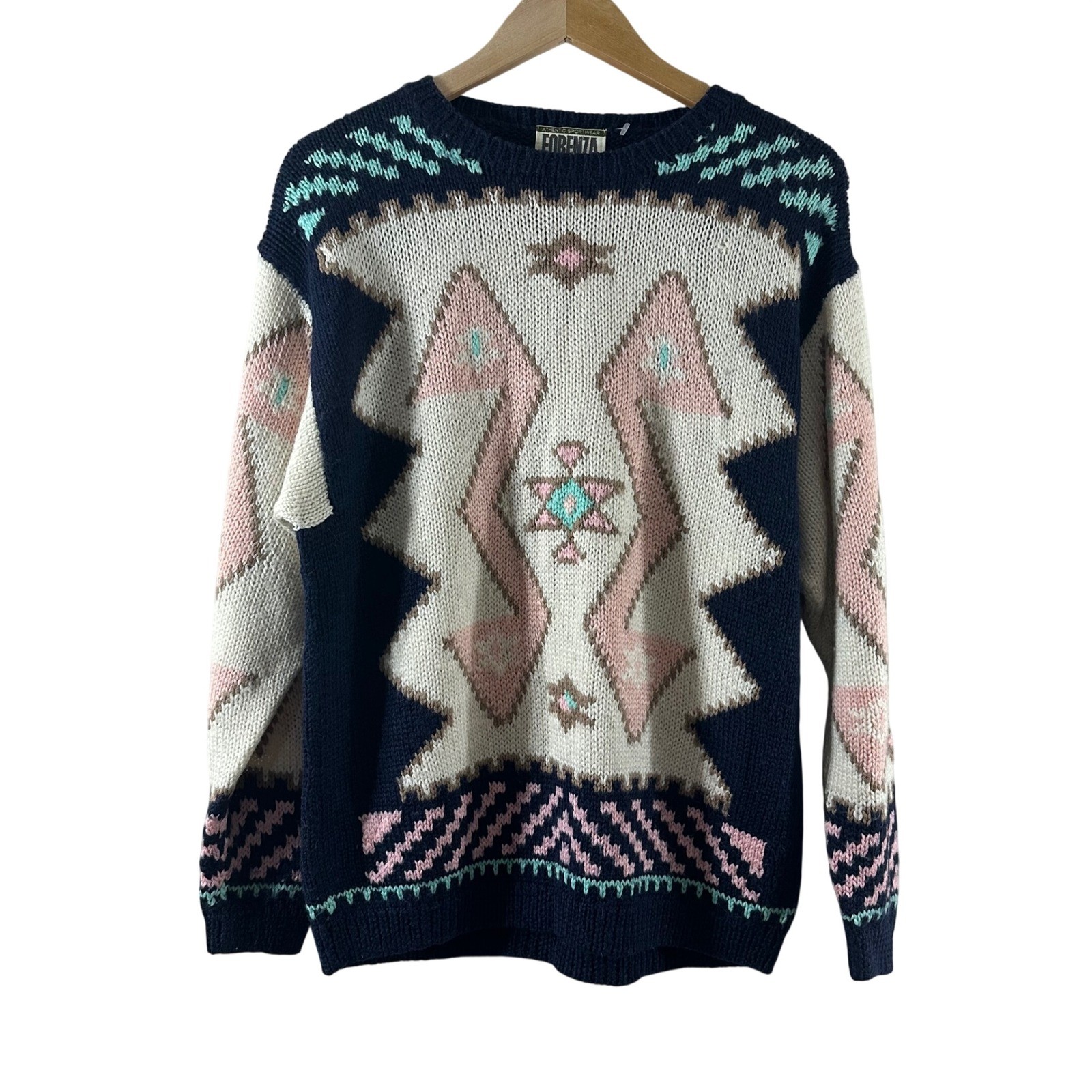 Vintage Forenza Womens Geometric Southwestern Intarsia Wool Blend Sweater Navy M
