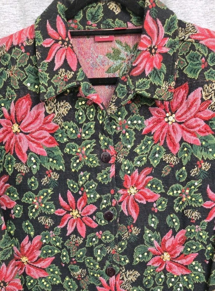Tudor Court Women Sz Lg Denim Poinsetta Print W/ Sequins Jeans Jacket Holiday