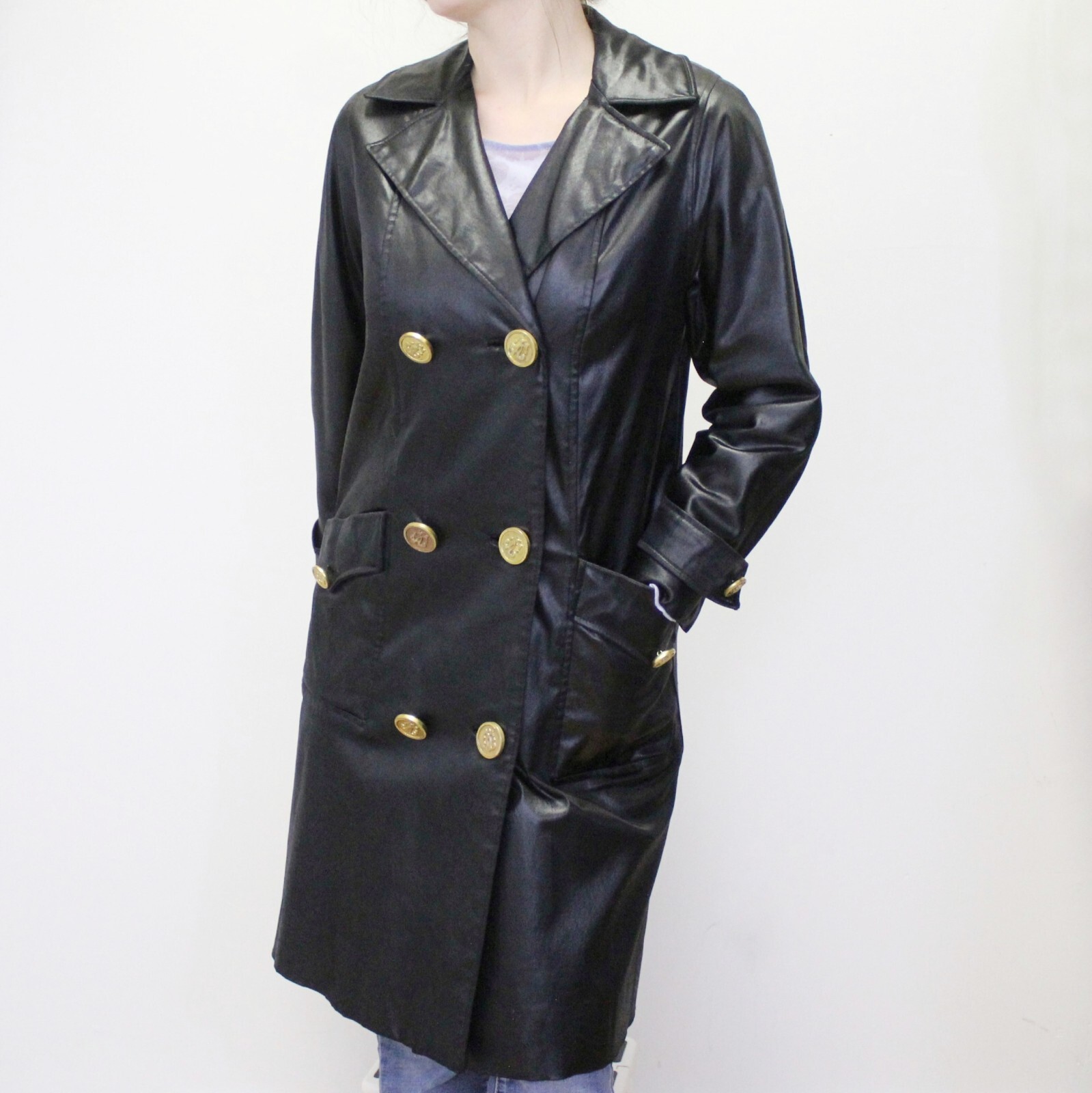 Vintage 60s Gothic Mod Black Satin Trench Coat by Count Romi Double Breasted