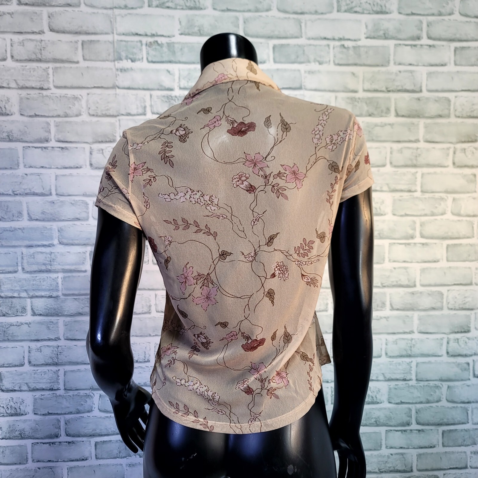 Vintage 90s Y2K The Limited Sheer Tan Pink Floral Ruffle Pintucked Button Front