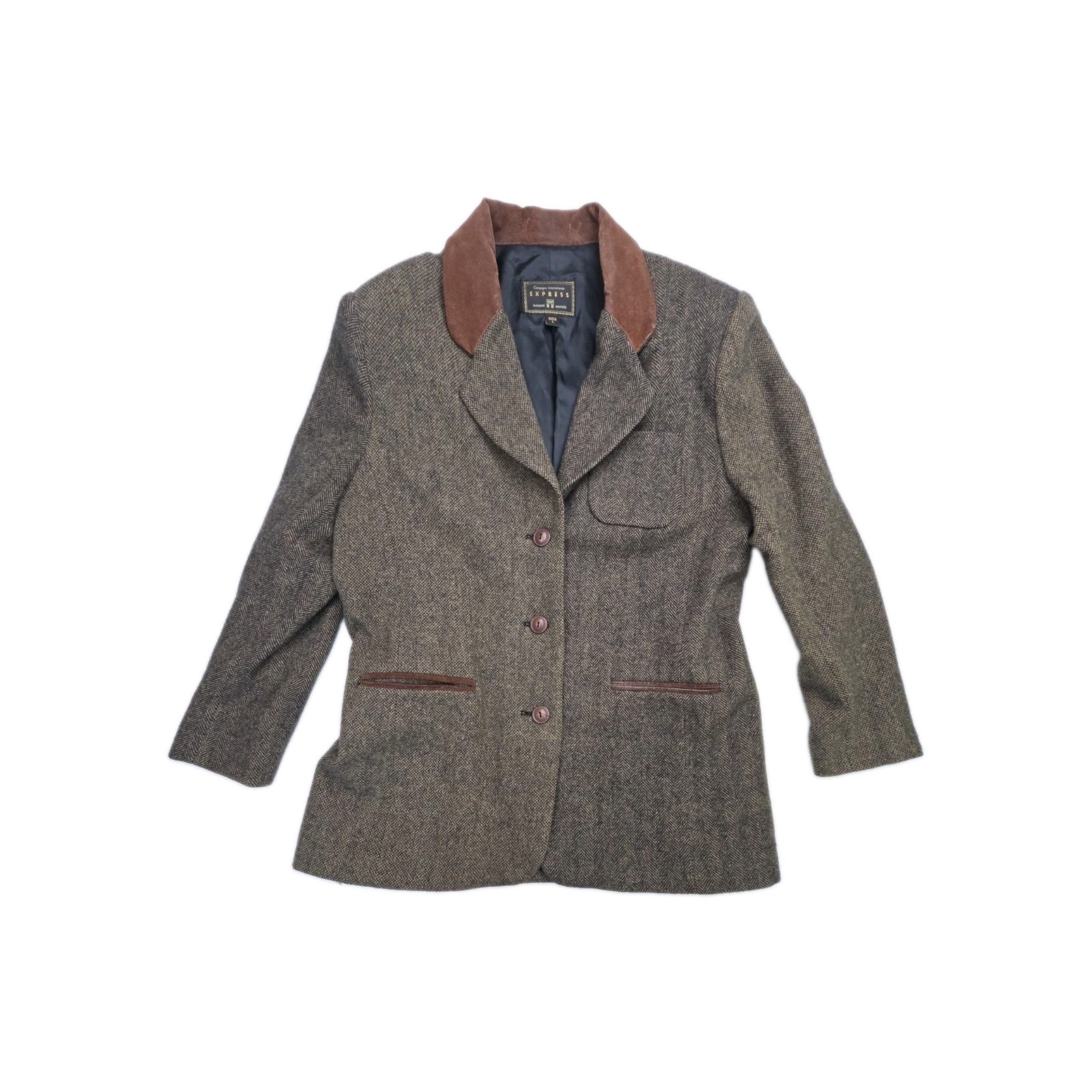 Vtg 1990s Equestrian Riding Wool Blazer Tweed Leather Lapels Size L Express