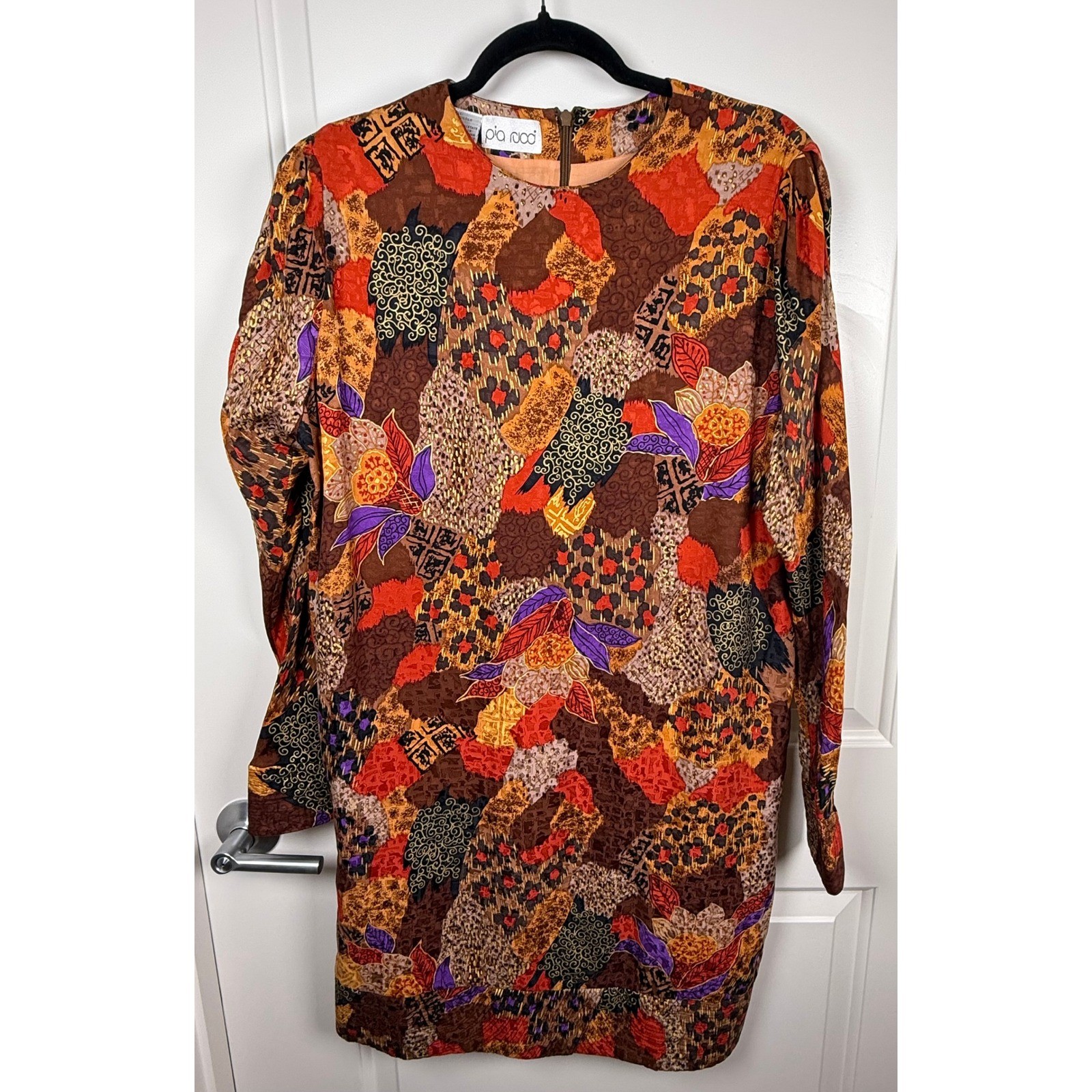 Pia Rucci Shift Dress 12 Orange Brown Silk Vintage Artsy Abstract Patchwork