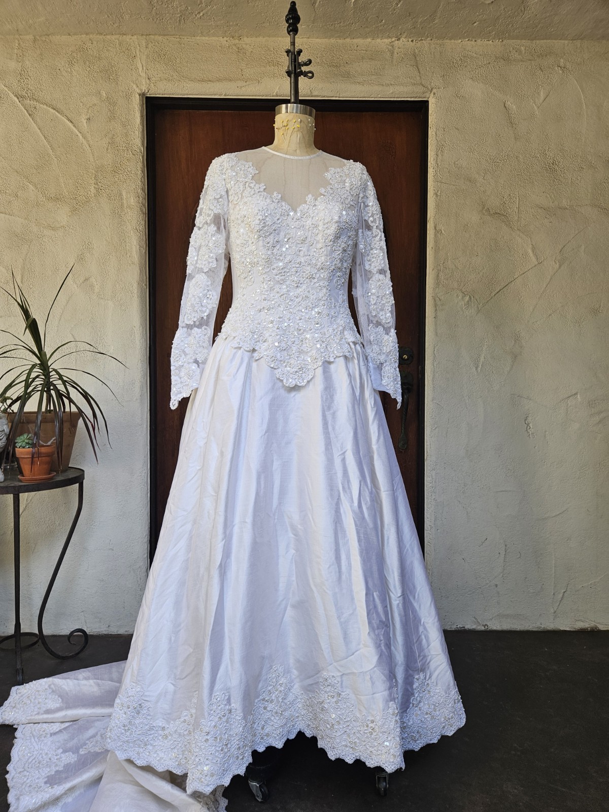 Vintage 90s Wedding Dress Princess Ballgown Basque Waist Silk Dupioni Size 10