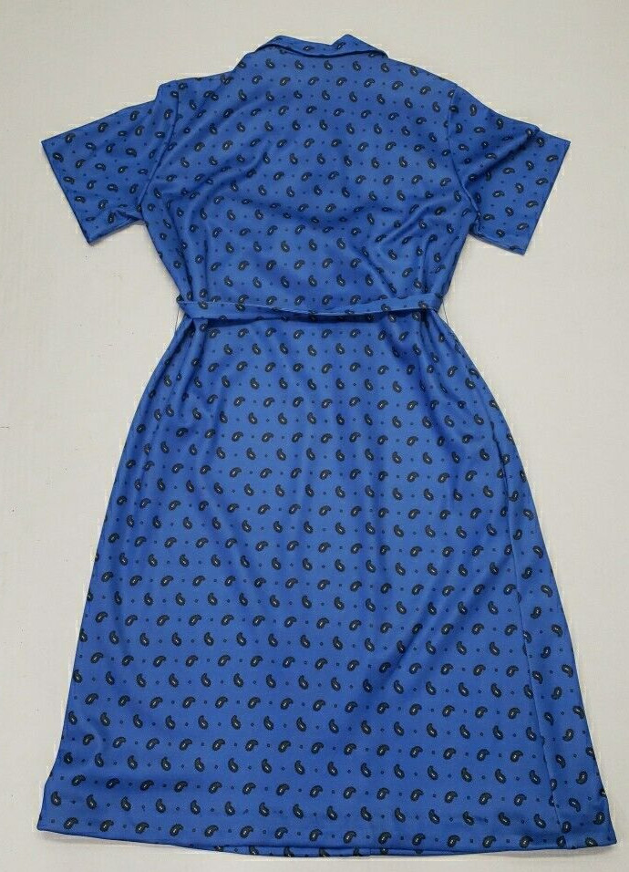 VTG Nancy Frock Wear Anywhere Dress Sz 14 Blue Floral Paisley Short Sleeve Belt