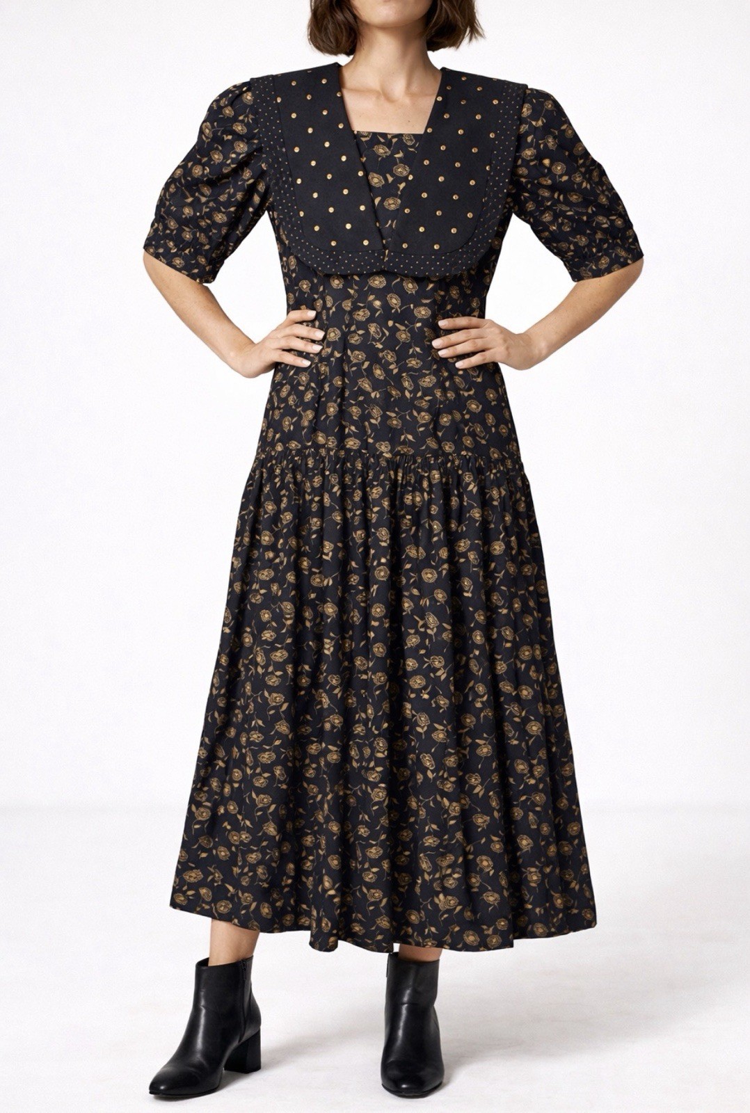 Leslie Lucks Vintage Midi Dress Size 4 Black Gold Floral Sailor Collar