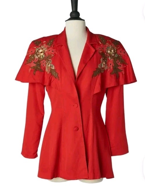 Vtg 80’S IIF Red Glam Pantsuit Sz 10 Mini Cape Jacket & Pants Statement Emblshd