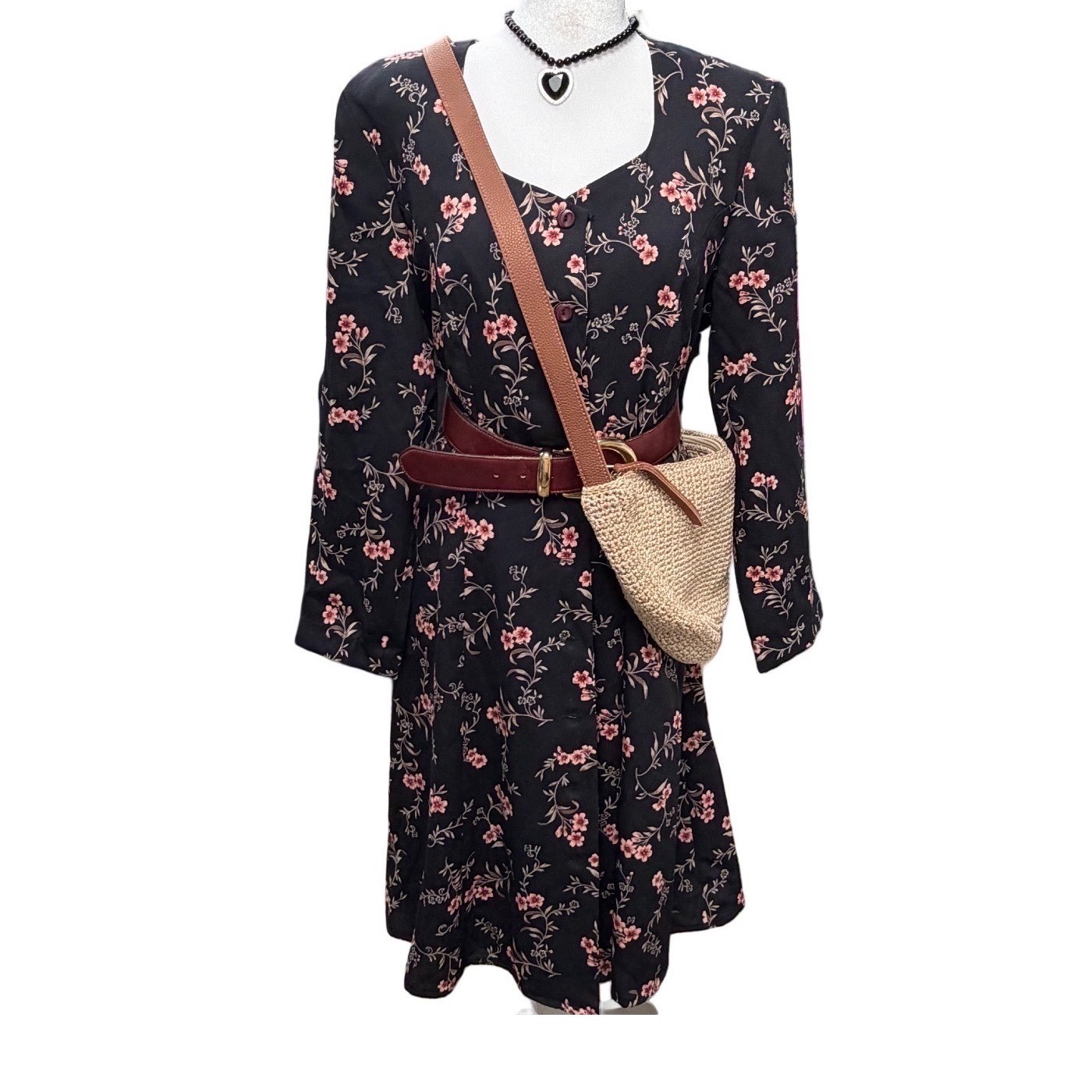 Chaus Vintage 90s Floral Midi Dress Black Pink Cottagecore Button Front Size 12