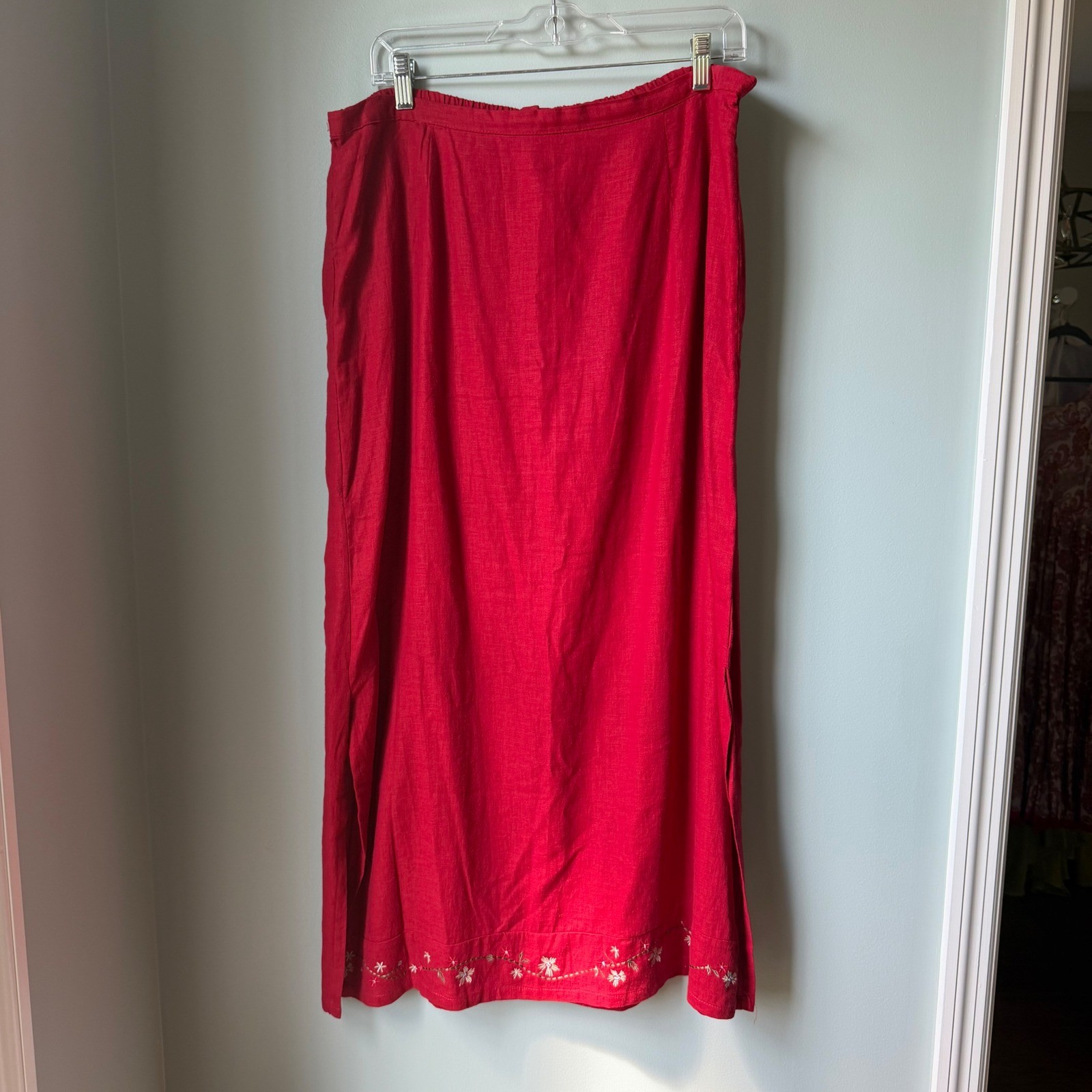 Vintage Uniform by John Paul Richard Linen Midi Skirt Red Embroidered Pull-On XL