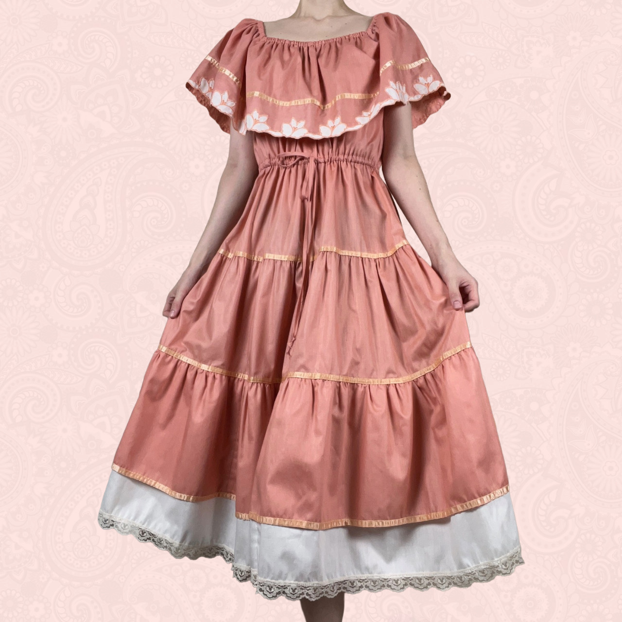 Vintage 70s Young Edwardian Arpeja Pink Off Shoulder Lace Midi Peasant Dress XS