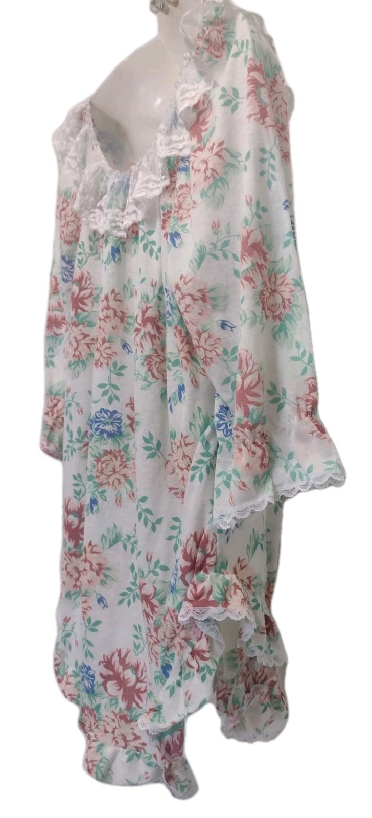Vintage 60s 70s Floral Babydoll Nightgown Lace Trim Brushed Poly Cottagecore M/L