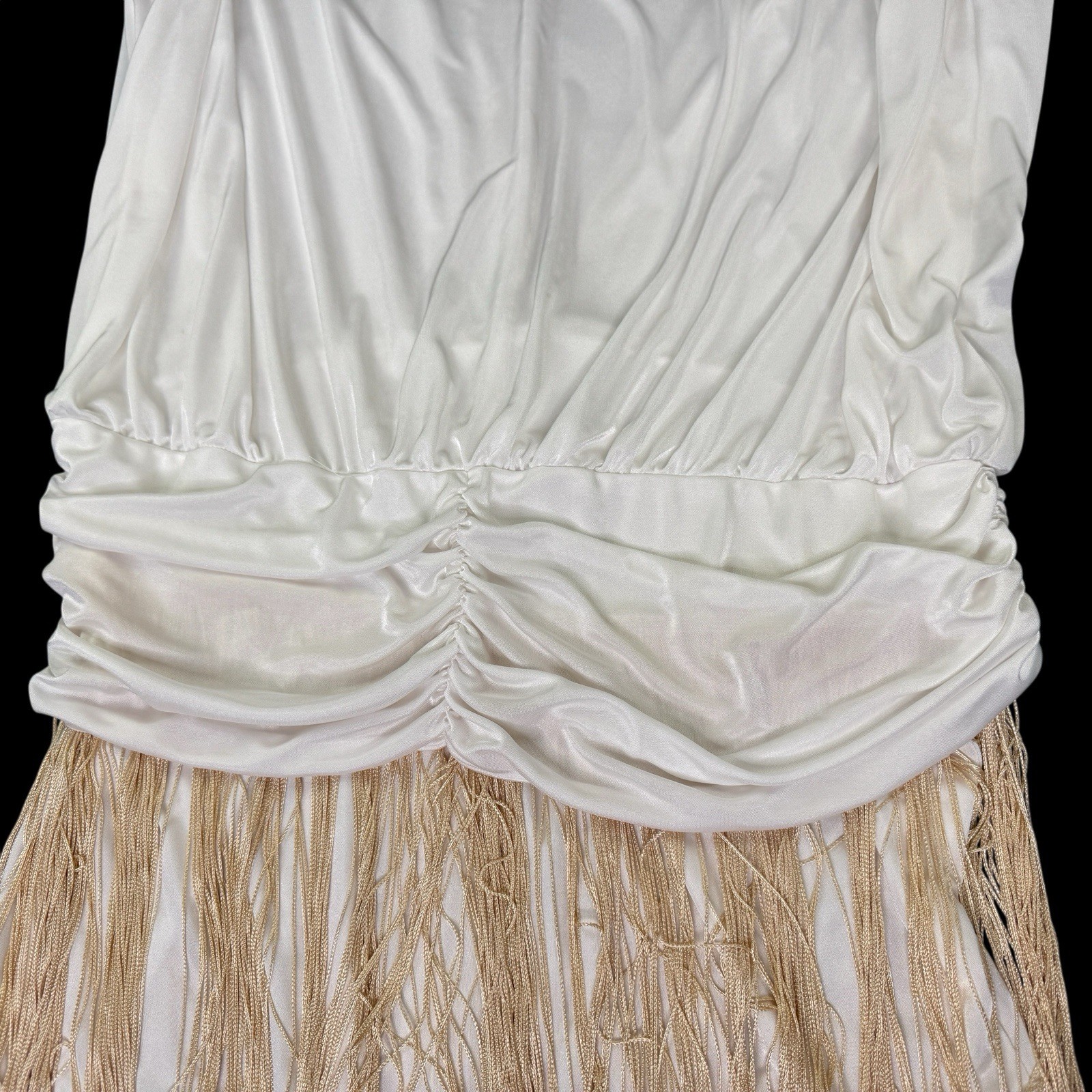 Vintage Filigree California Disco Fringe Cocktail Dress White Gold VNeck Sz 14