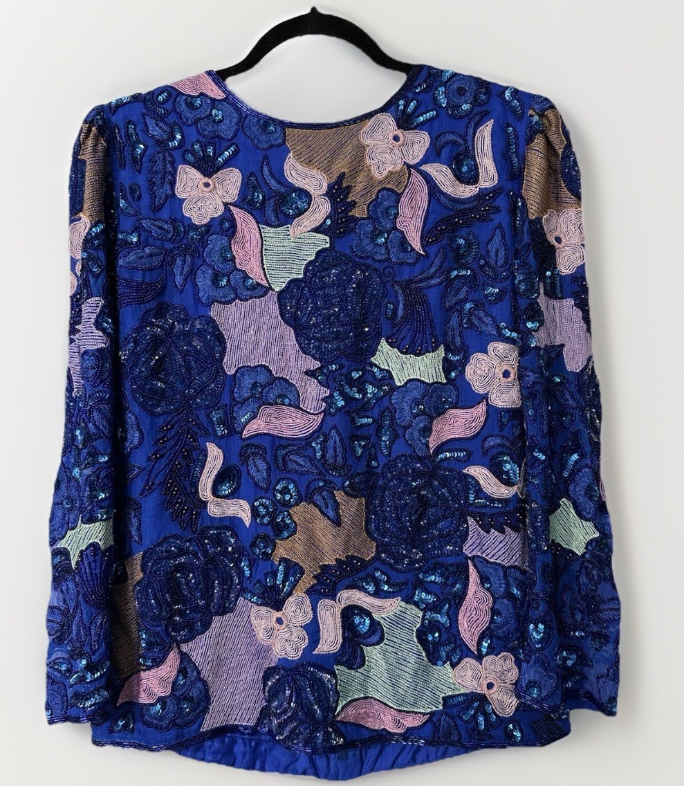 Vintage Stunning Sequin Beaded Silk Top Evening 80s 90s Royal Blue Pink Ocean M
