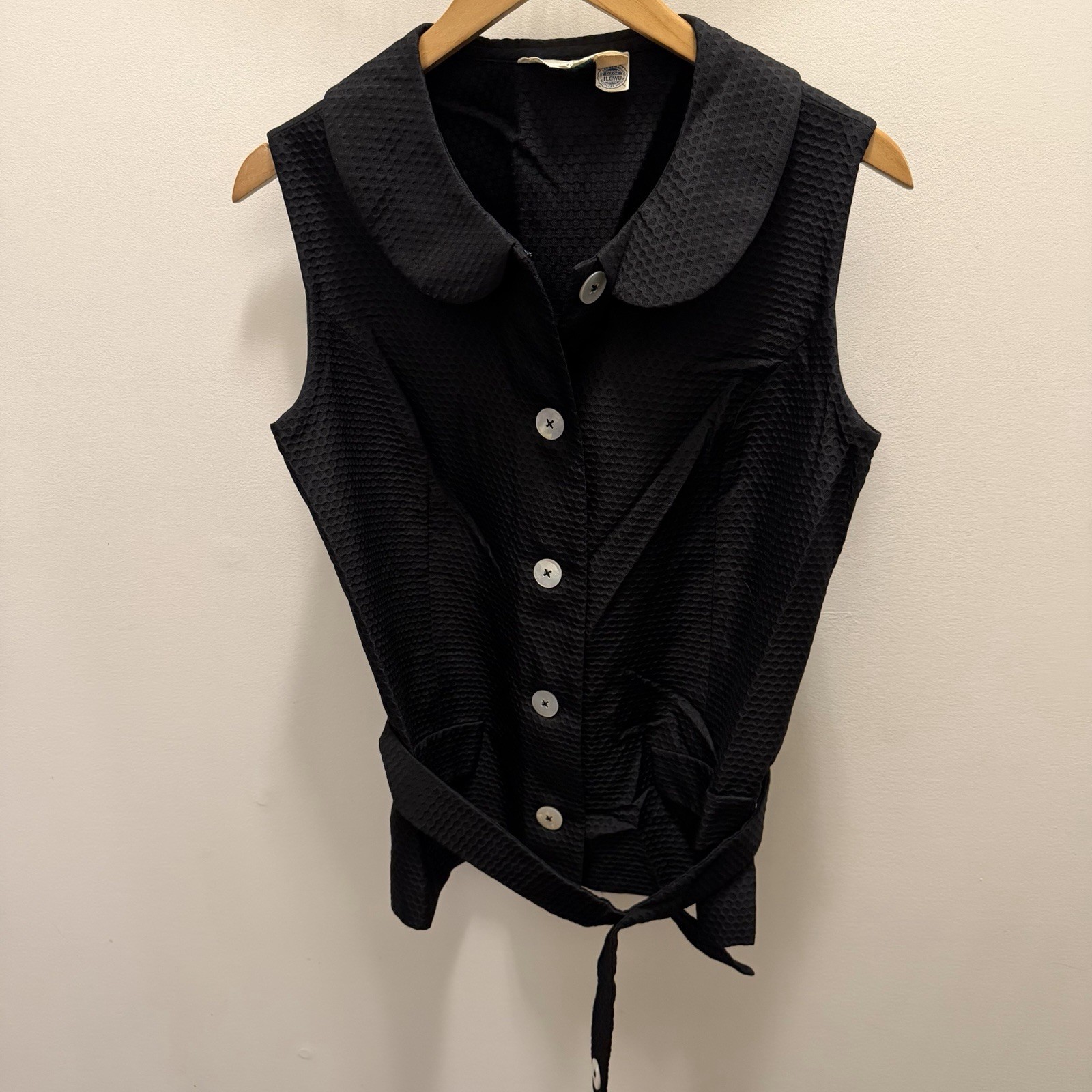Vtg 60s MAJESTIC Black Waffle Vest Belt Set ILGWU Deadstock Peter Pan Collar Mod