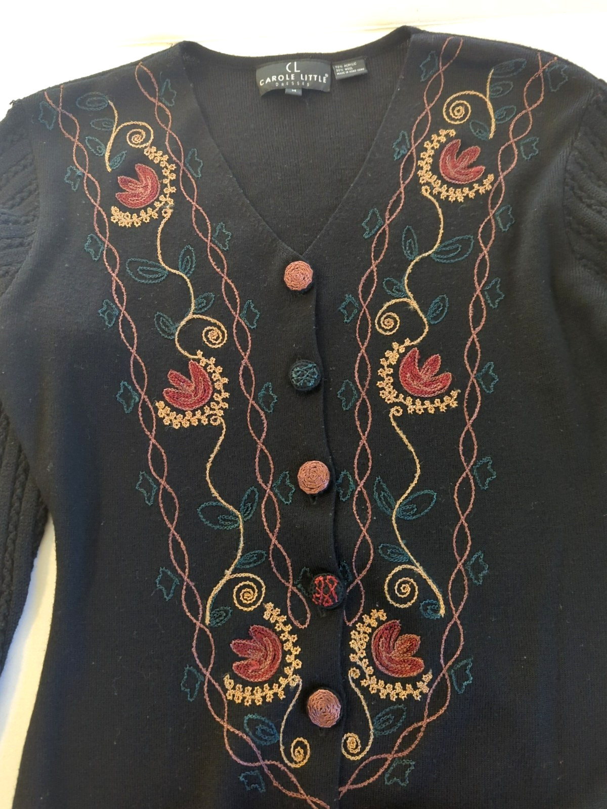 Vtg Embroidered Midi Sweater Dress M Blk Button Up Art to Wear Boho Chic Stylish