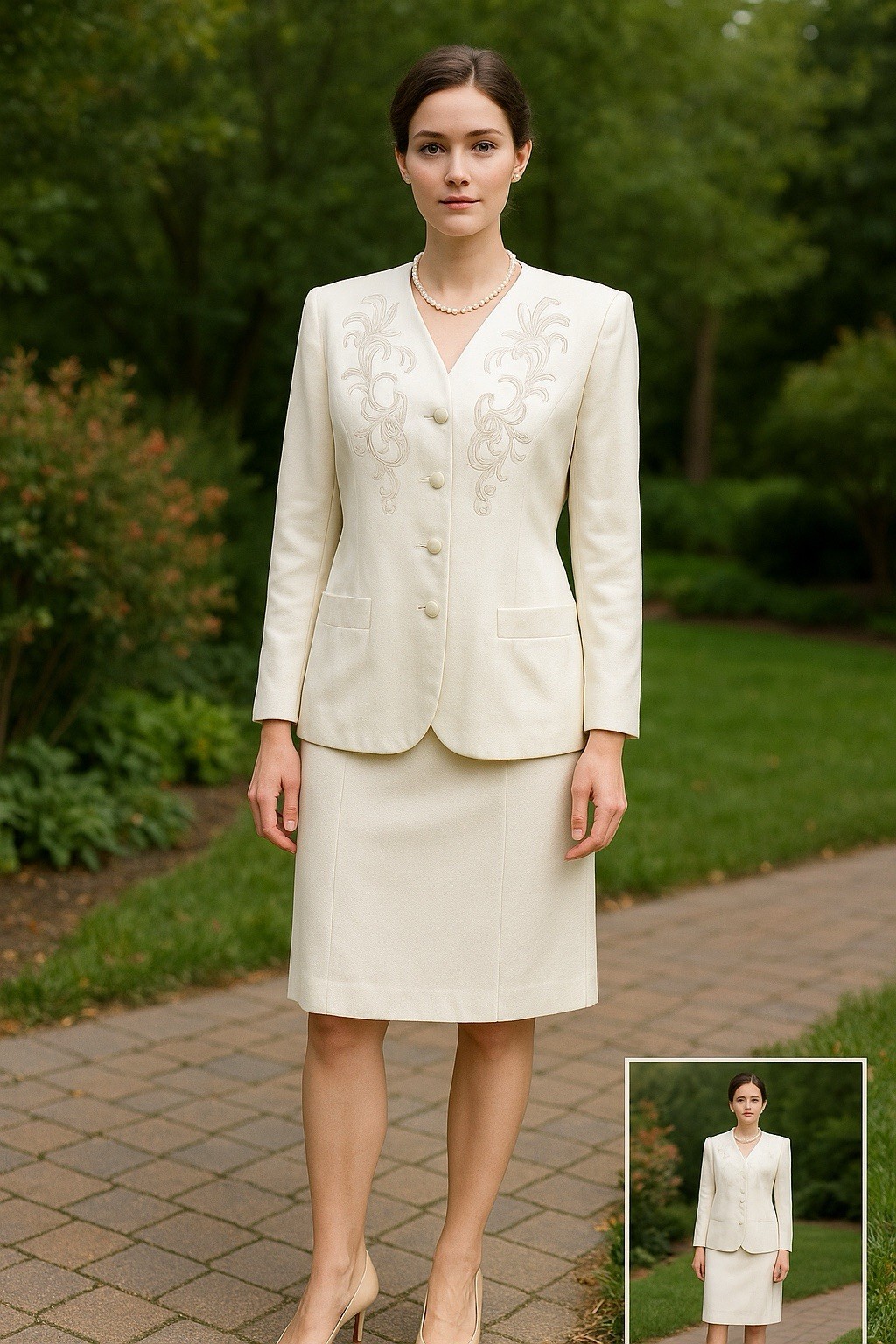Jacqueline Ferrar Blazer Skirt Suit Set Size 10P Cream Embroidered Chic Vintage