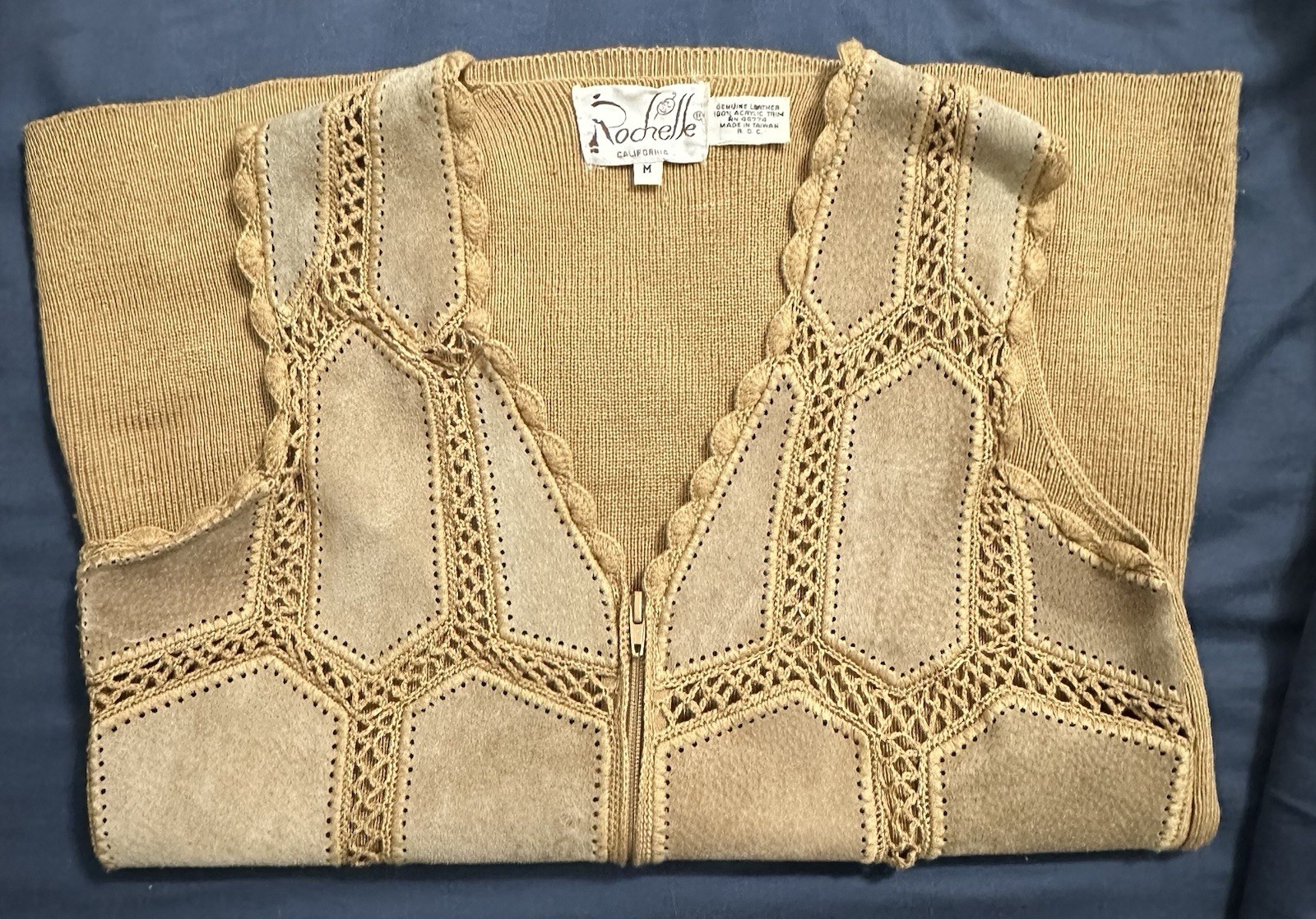 Vintage 70s Suede Leather Crochet M Patchwork Vest Gilet Rochelle California