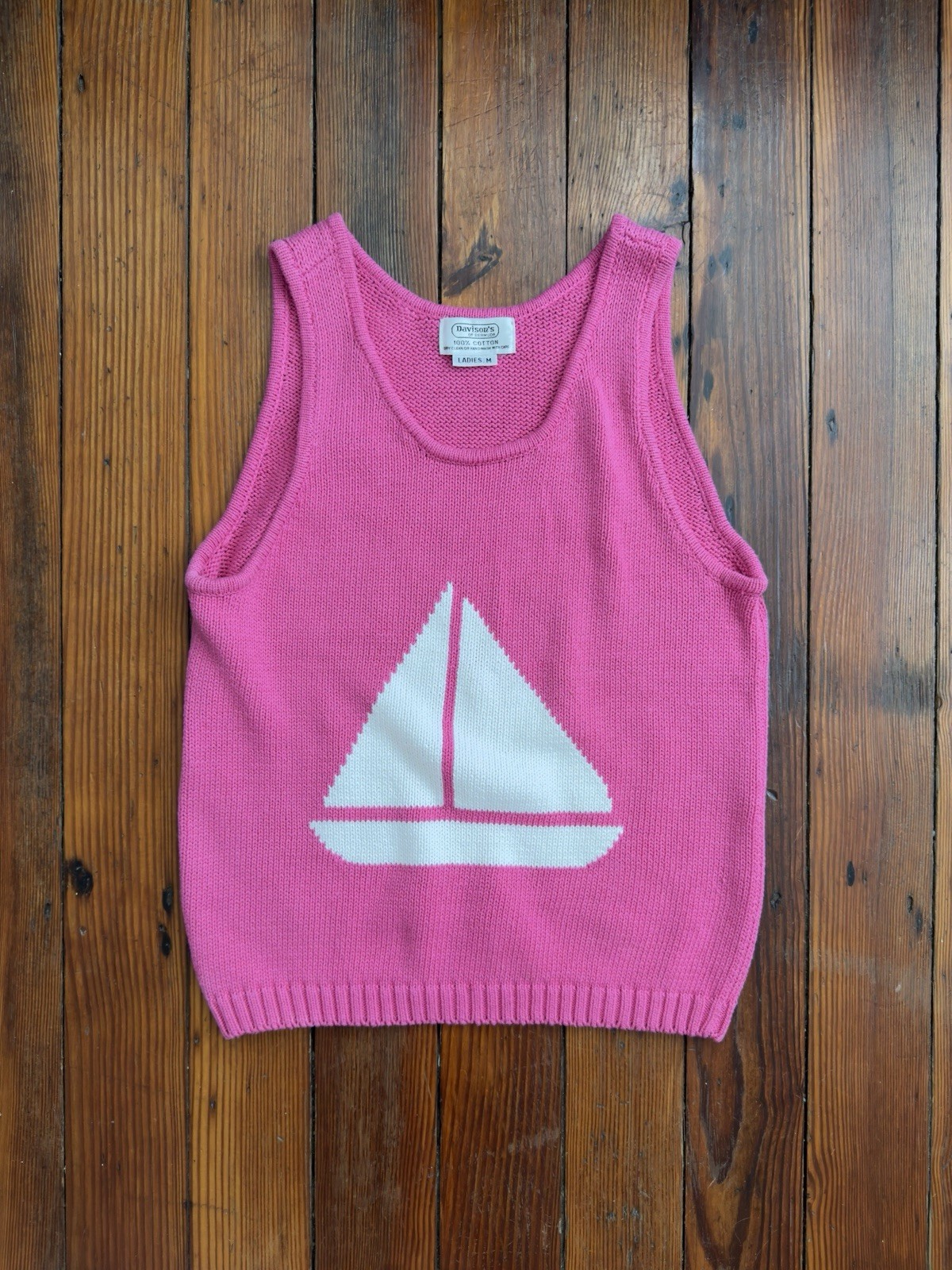 Vintage 80s Davison’s of Bermuda 100% cotton pink sailboat sleeveless sweater