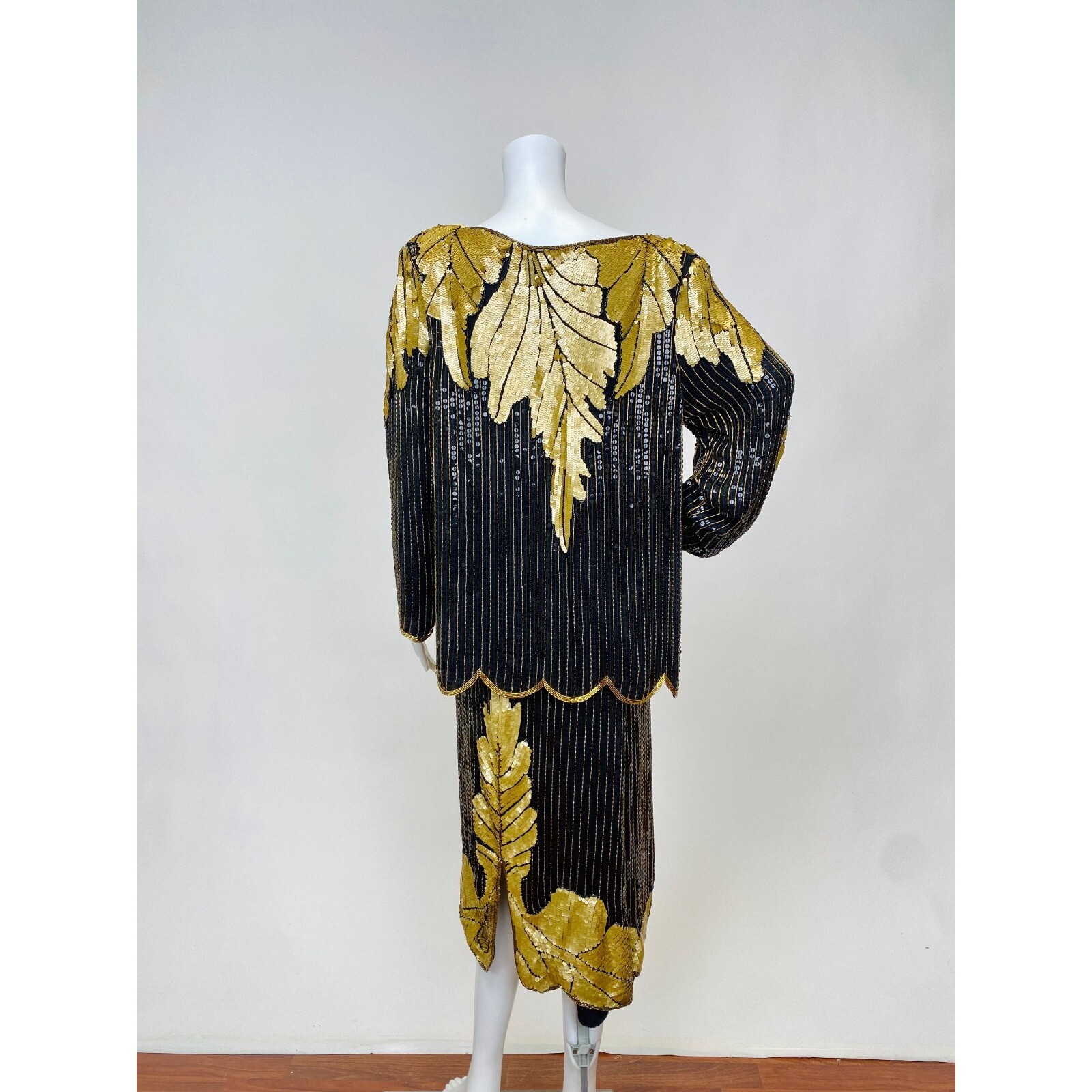 Vintage 1980s Does 1920s Sequins and Beaded Blouse and Skirt Set Gold and Black
