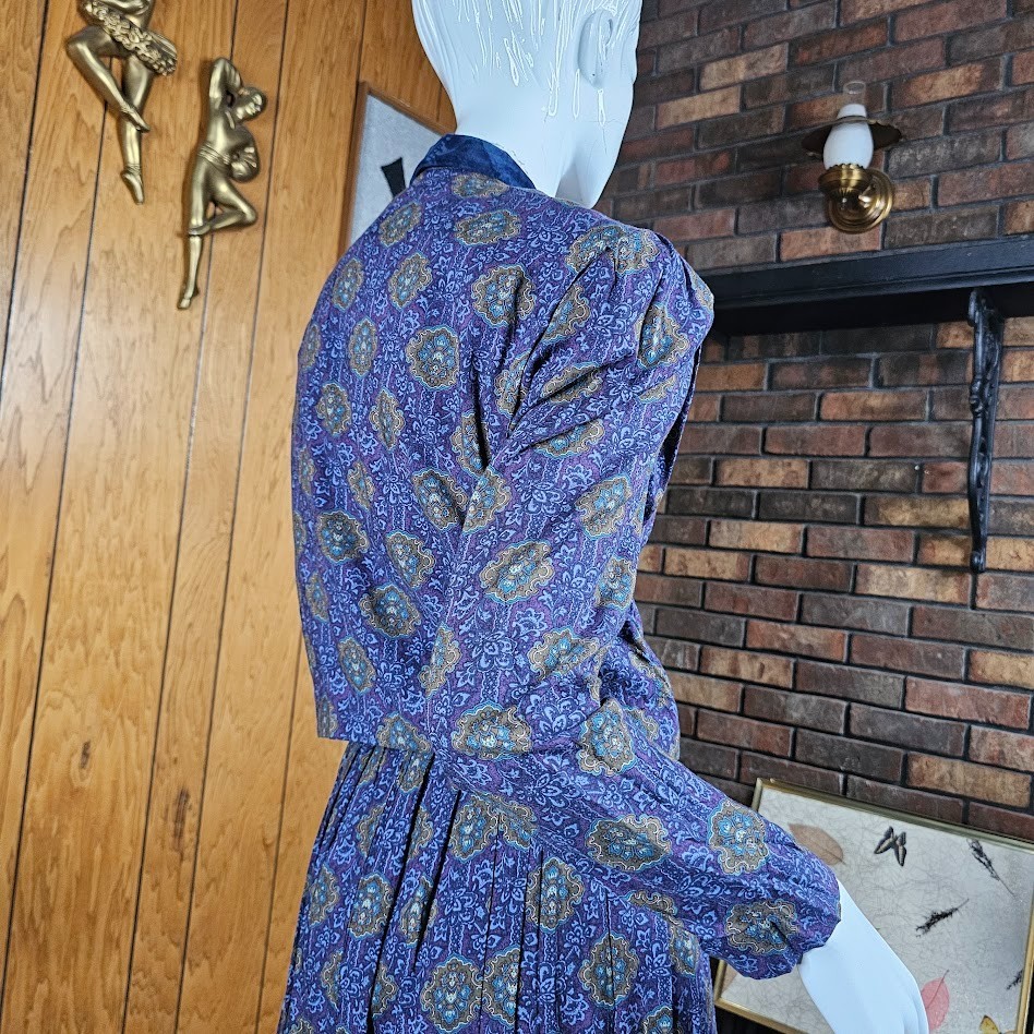 Vtg 90s Velvet Ornate Paisley British Preppy Rayon Midi Riding Vest Dress S/M