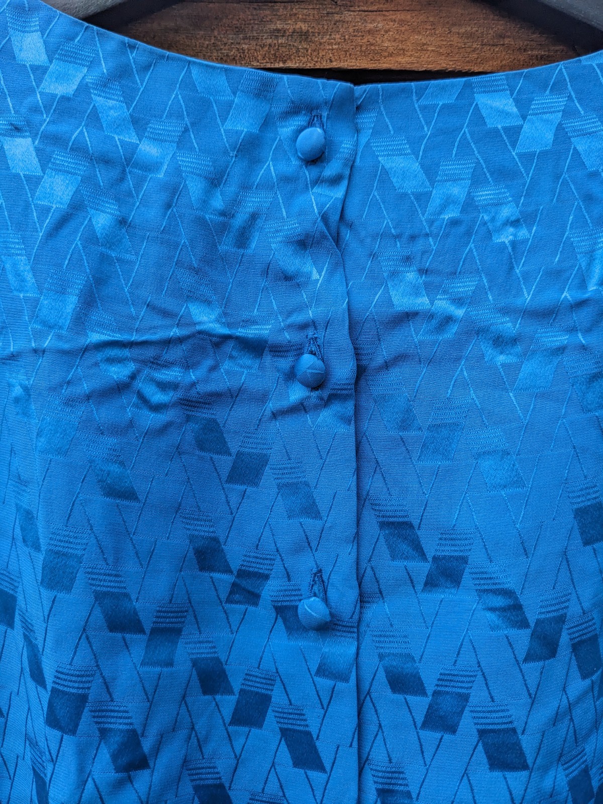 Vintage 80s Blue Silk Midi Dress Sz 4 Drop Waist Pleated Button Back Blouson