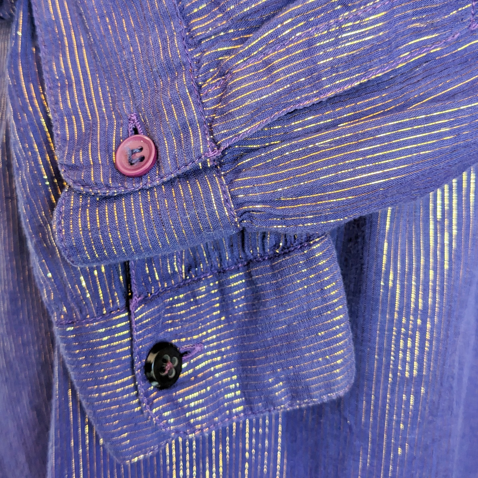 VTG 80s Metallic Gold Stripe Cotton Voile Blouse 14/L Purple Button Up Top India