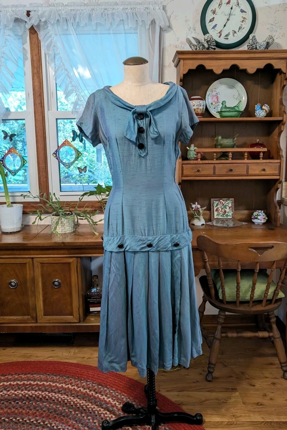 (s/m) EVENING ENIGMA! 1920s Two-Toned Silk Drop Waist Dress TEAL PURPLE Antique