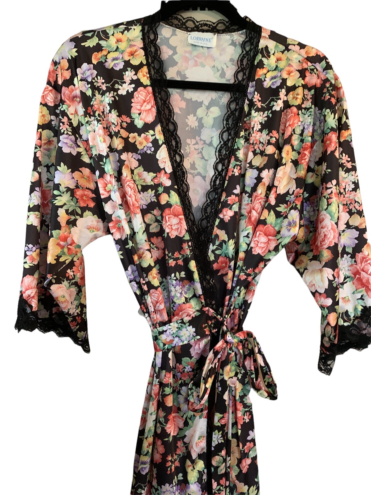 Lorraine Large Black Floral Robe Tie Glossy Satin Lace Trim Flower USA Sleepwear