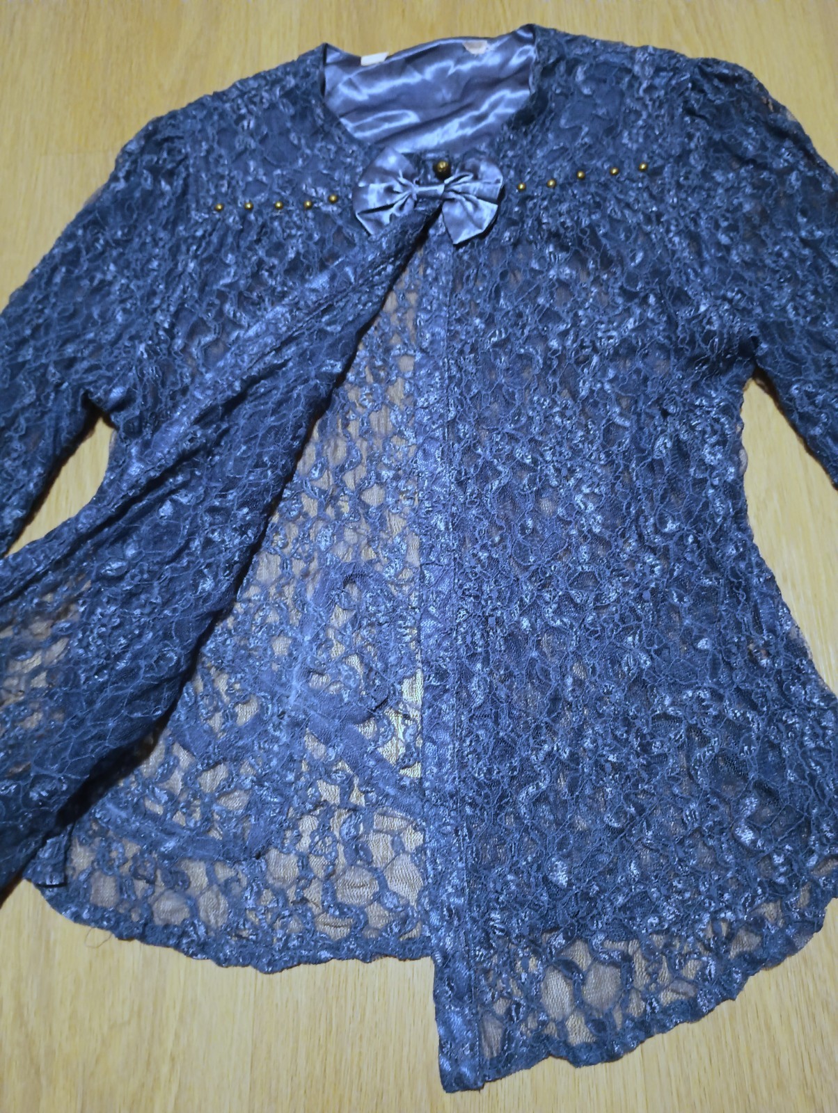 Vtg 80s Sheer Stretch Chantilly Lace Cornflower Blue Beaded Open Front Top M