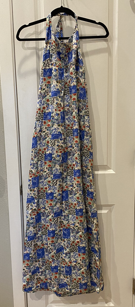 Vintage Handmade 70’s Halter Maxi Dress Patchwork blue red yellow white
