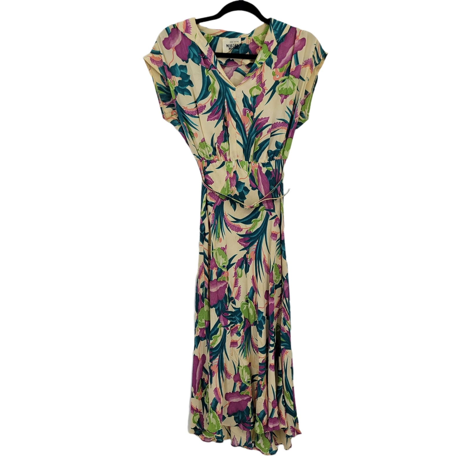 Vintage 70’s Women’s Dress XXS Peter Pan Belted Midi Tropical Love Bird Parrot