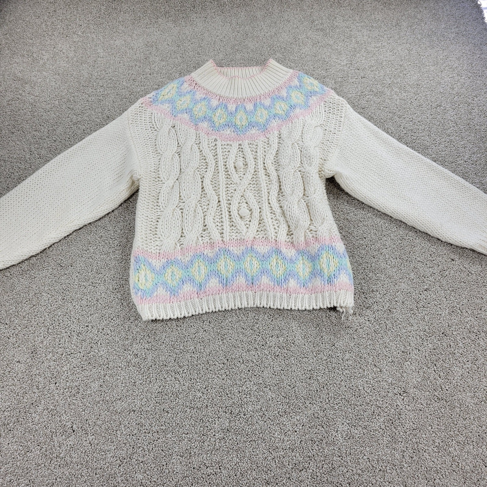 VTG Jamie Scott Sweater Womens L Cream Hand Knit Pastel Ramie Mock Neck 80s