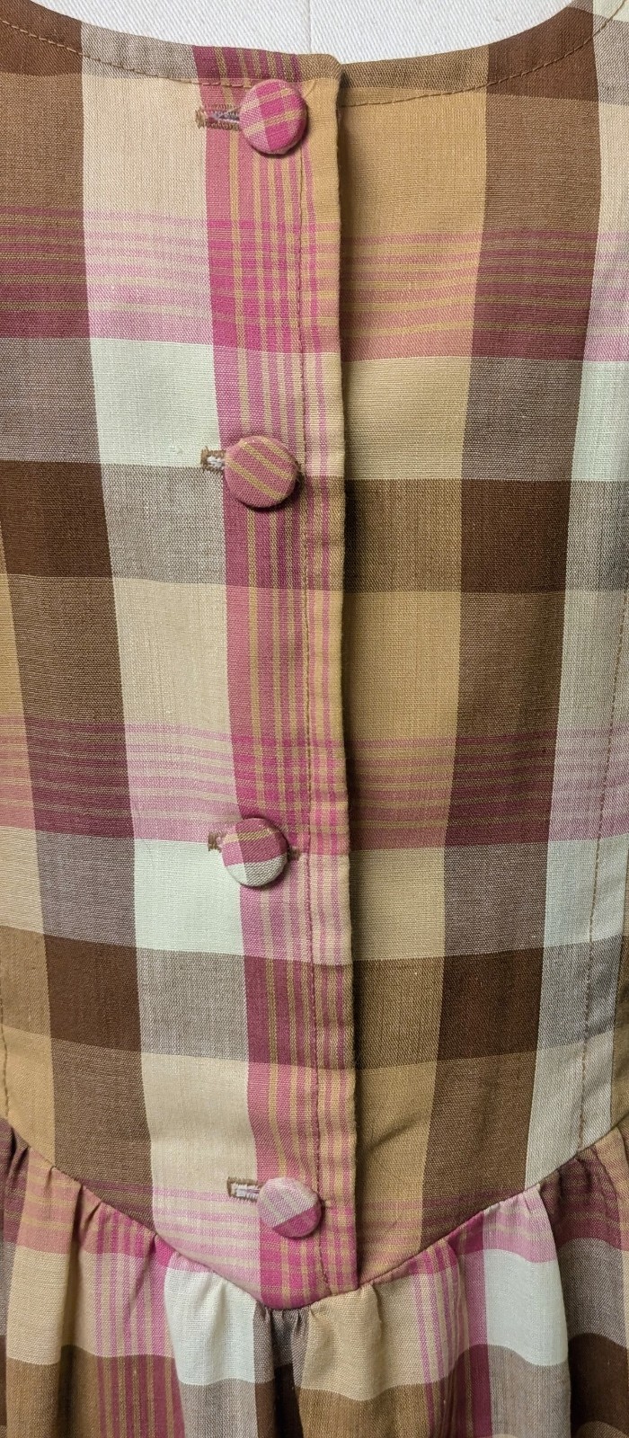Vintage 70’s Plaid Maxi Dress Puffy Sleeves Ruffle Prarie Metal Side Zip S