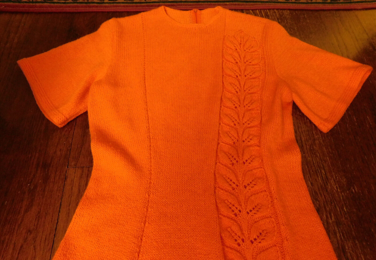 Vtg Hand Crocheted Knit Sweater Maxi Dress Orange Leaf pattern trim FAB Med OOAK