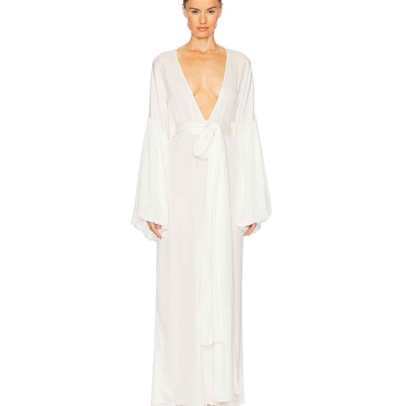 Elegant White Silk Plunging Maxi Dress with Dramatic Sleeves